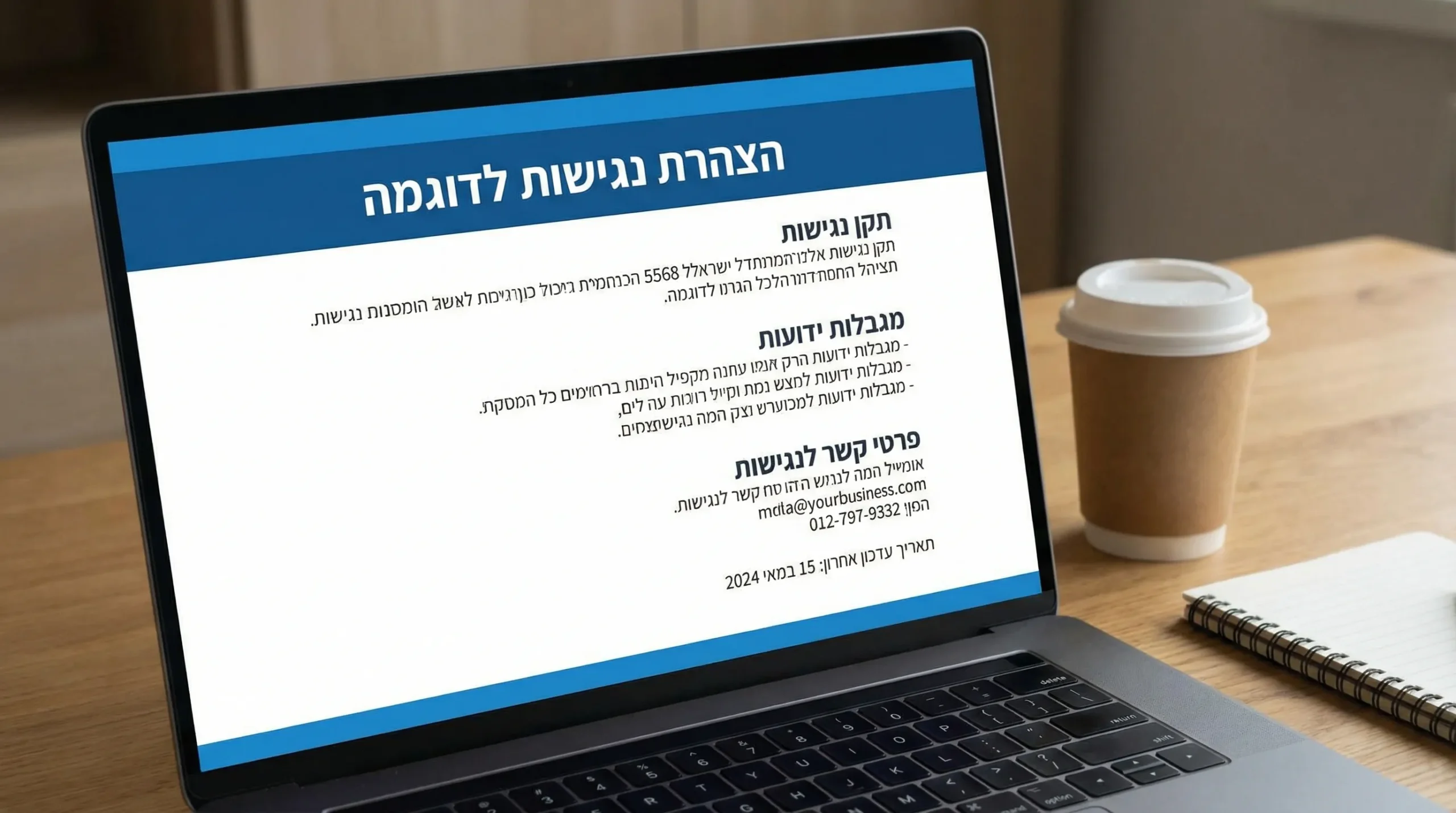 דף הצהרת נגישות לדוגמה בעברית באתר עסקי, עם כותרת ברורה, סעיפים על תקן נגישות, מגבלות ידועות, פרטי קשר לנגישות ותאריך עדכון אחרון.