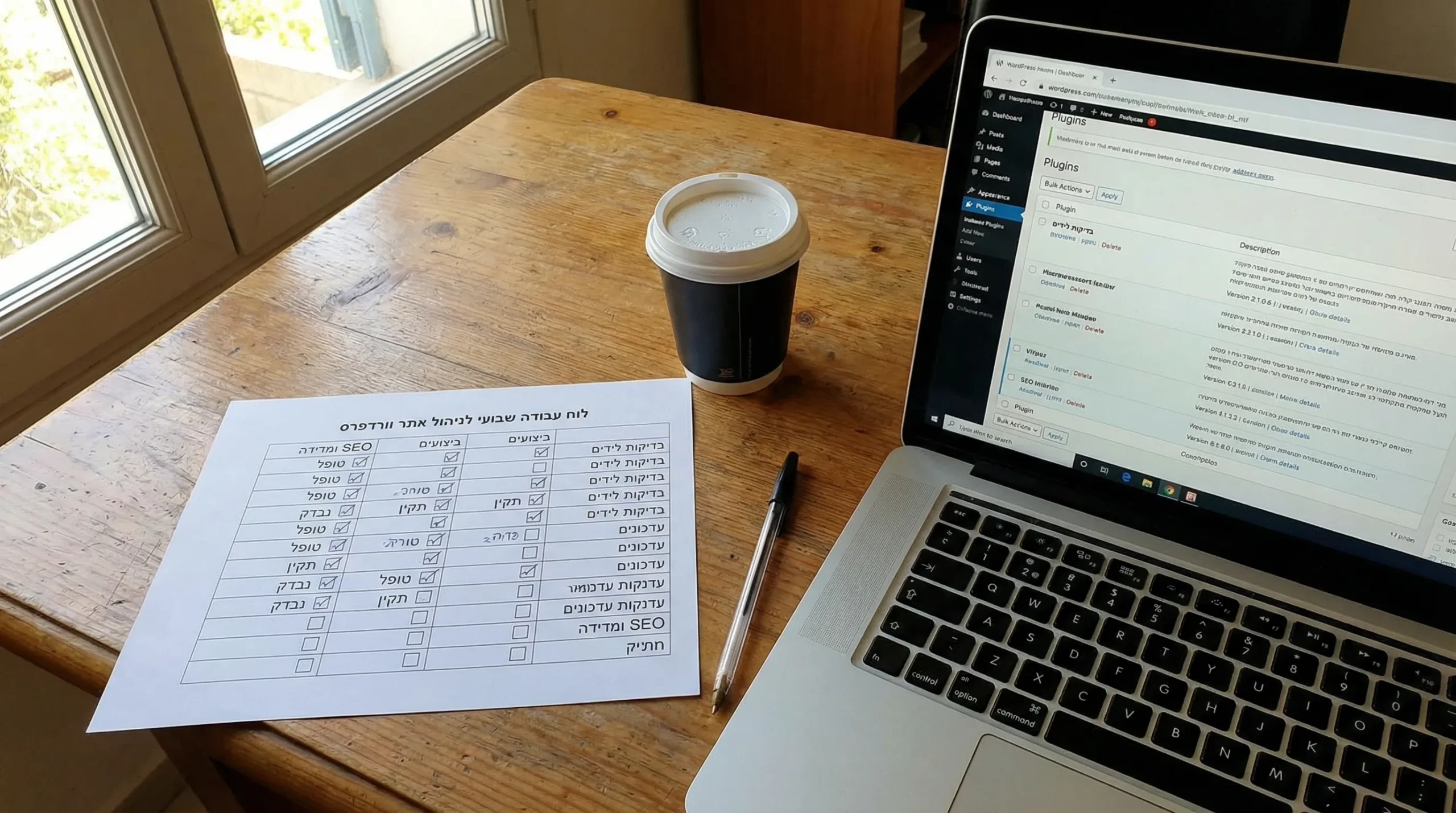 לוח עבודה שבועי לניהול אתר וורדפרס: עמודות של בדיקות לידים, ביצועים, עדכונים, SEO ומדידה, עם תיבות סימון ותיעוד קצר לכל משימה.