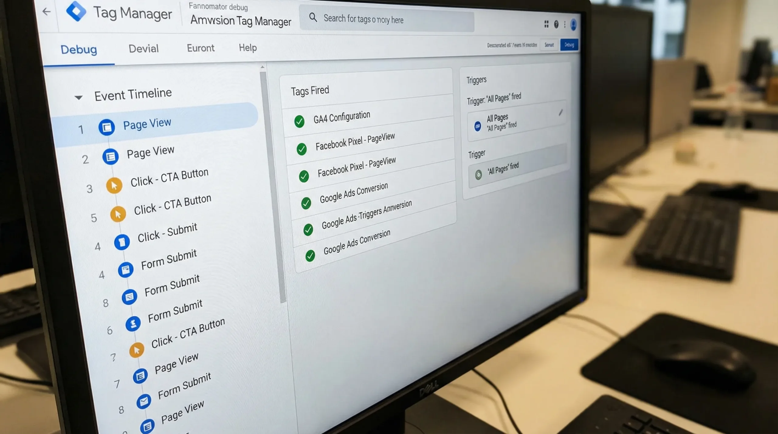 מסך דיבאג של Tag Manager שמציג זרימת אירועים, טריגרים שנורו, ותגים שנשלחו בעמוד בדיקה.