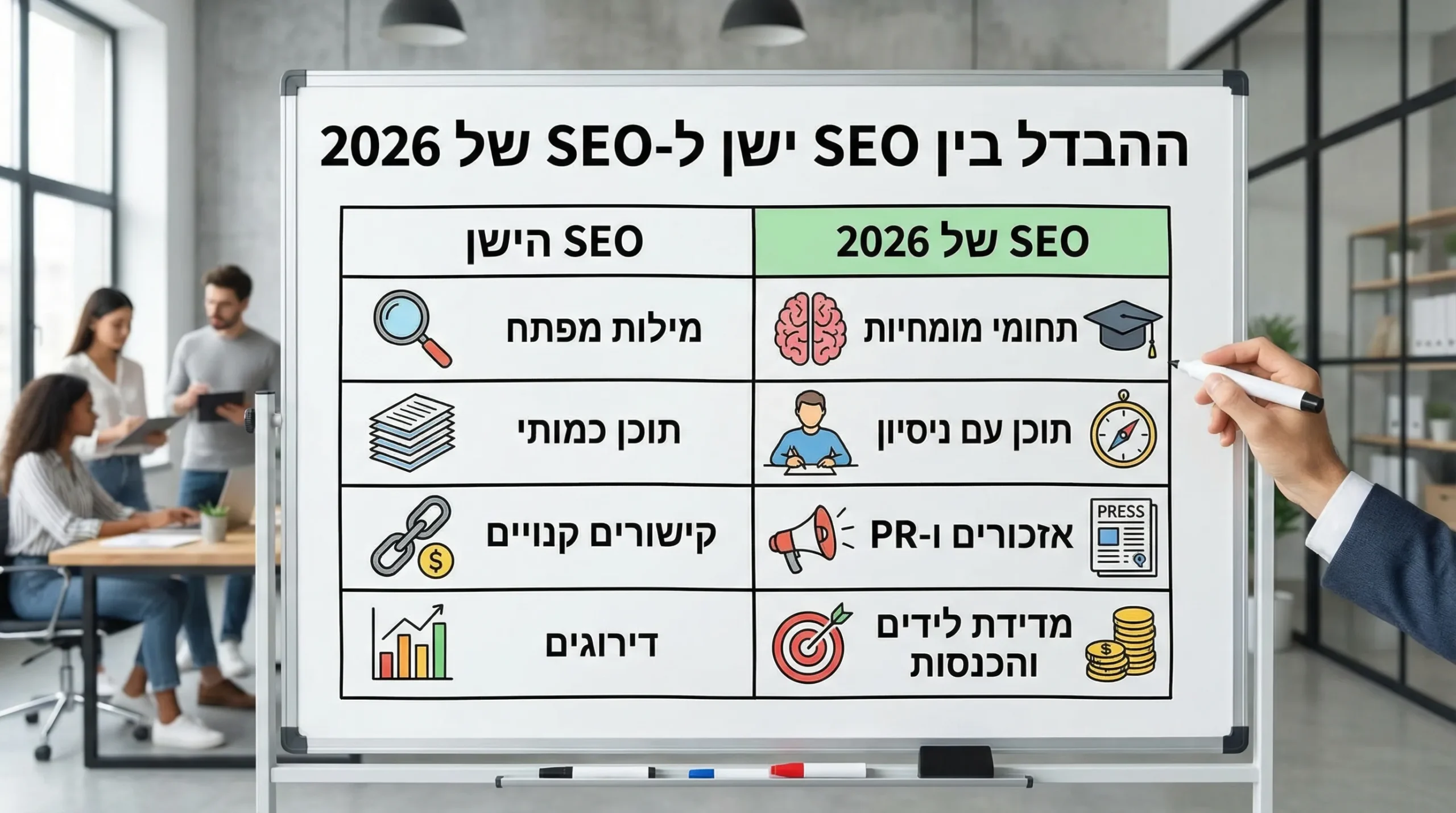 טבלה ויזואלית שממחישה את ההבדל בין SEO ישן ל-SEO של 2026: ממילות מפתח לתחומי מומחיות, מתוכן כמותי לתוכן עם ניסיון, מקישורים קנויים לאזכורים ו-PR, ומדירוגים למדידת לידים והכנסות.