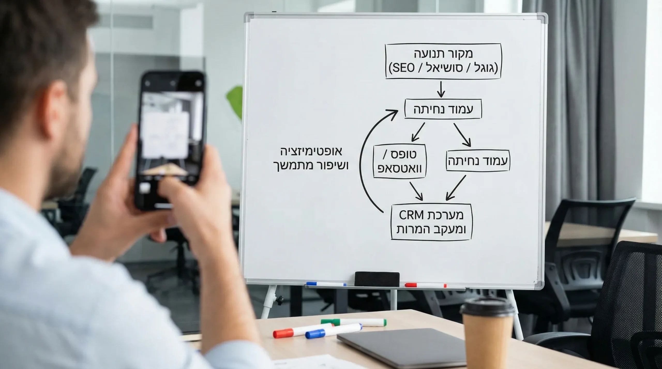 תרשים משפך פשוט של אתר שמייצר לידים: מקור תנועה (גוגל/סושיאל/SEO) נכנס לעמוד נחיתה, מוביל לטופס או וואטסאפ, ואז למערכת CRM ומעקב המרות, עם חץ לשלב אופטימיזציה ושיפור מתמשך.