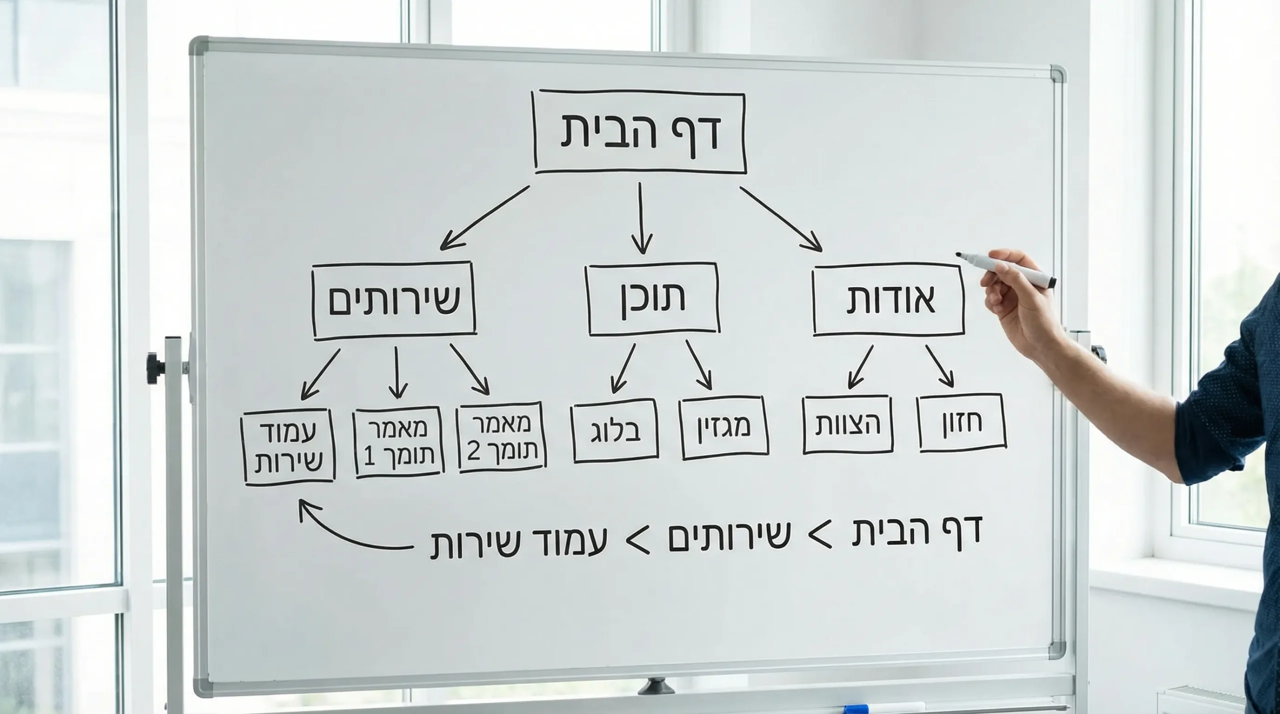 תרשים פשוט של היררכיית אתר: עמוד בית בראש, מתחתיו קטגוריות (שירותים, תוכן, אודות), ומתחת לכל קטגוריה עמודים פנימיים כמו עמוד שירות ומאמרים תומכים, עם חצים שמראים קישורים פנימיים ובreadcrumbs.
