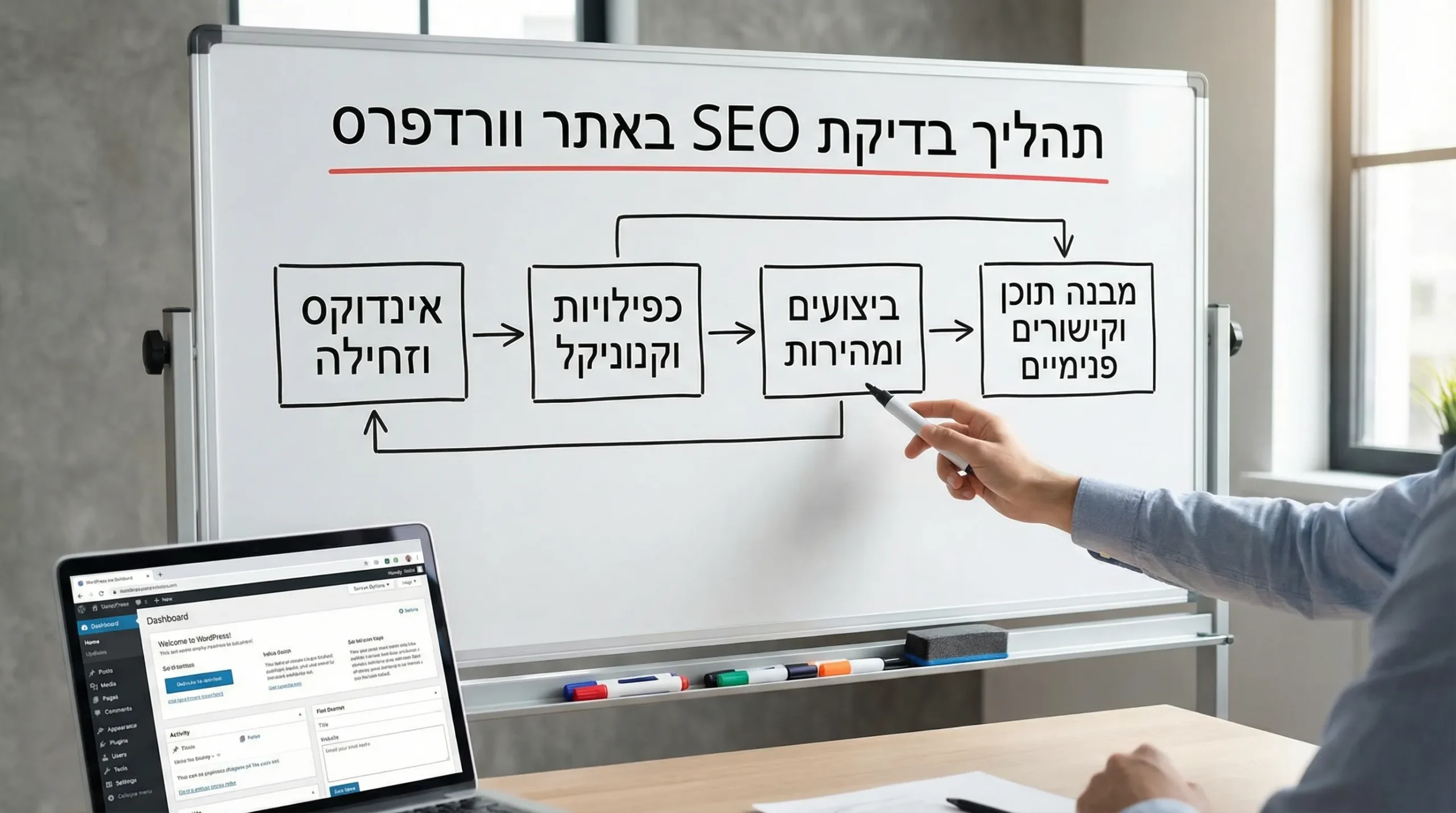 תרשים פשוט של תהליך בדיקת SEO באתר וורדפרס: אינדוקס וזחילה, כפילויות וקנוניקל, ביצועים ומהירות, מבנה תוכן וקישורים פנימיים.