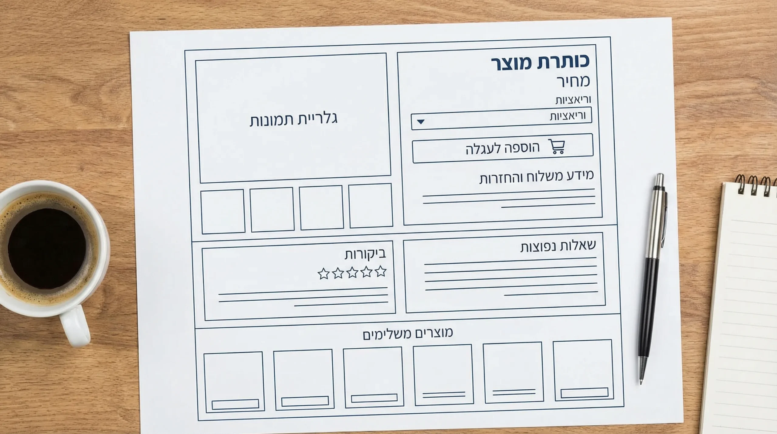 תרשים סכמטי של עמוד מוצר בחנות אונליין: גלריית תמונות, כותרת מוצר, מחיר, וריאציות, כפתור הוספה לעגלה, מידע משלוח והחזרות, ביקורות, שאלות נפוצות ומתחתיהם מוצרים משלימים.