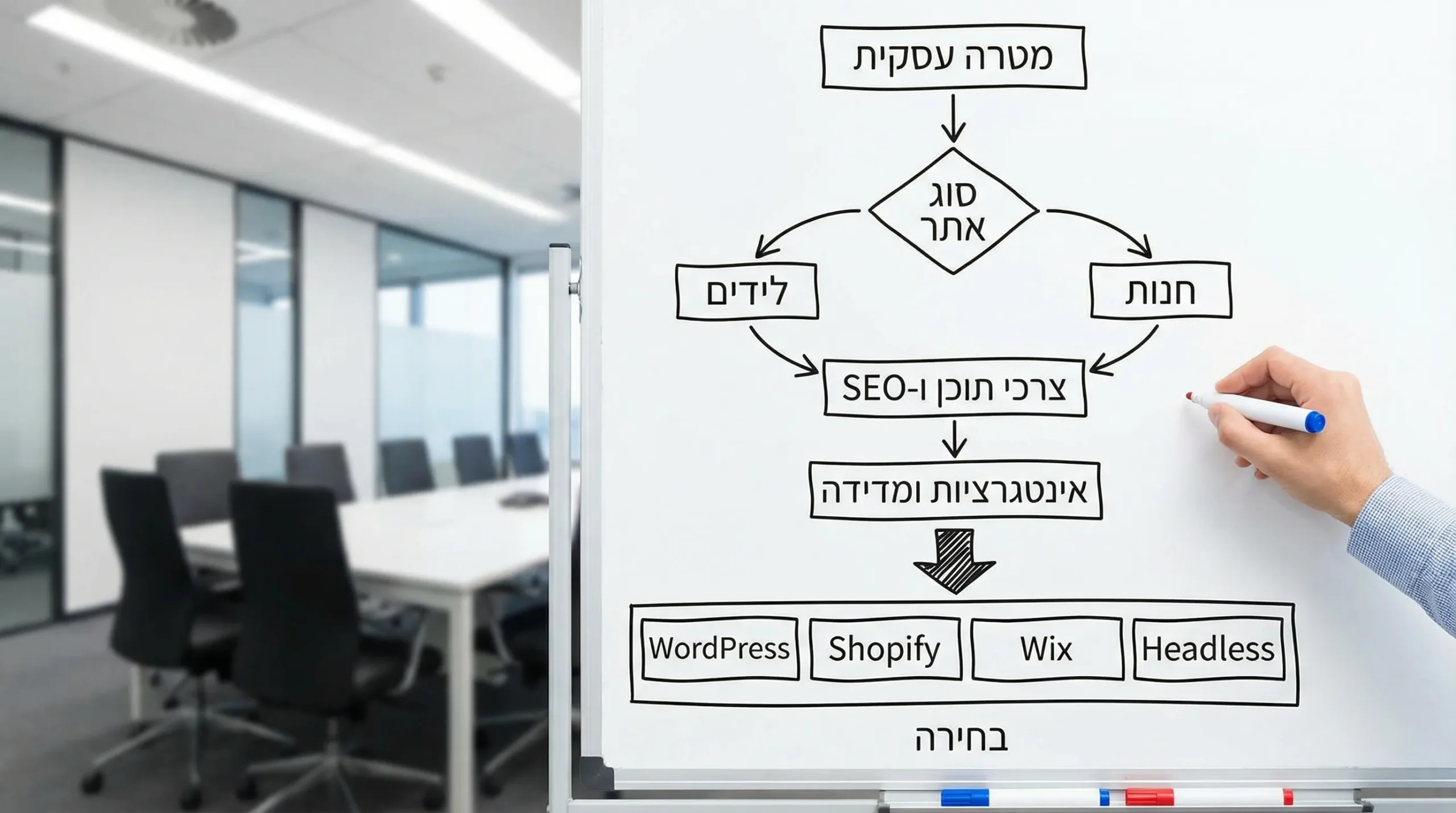 תרשים זרימה פשוט לבחירת מערכת ניהול תוכן לעסק: מטרה עסקית, סוג אתר (לידים או חנות), צרכי תוכן ו-SEO, אינטגרציות ומדידה, ואז בחירה בין WordPress, Shopify, Wix או Headless בהתאם.