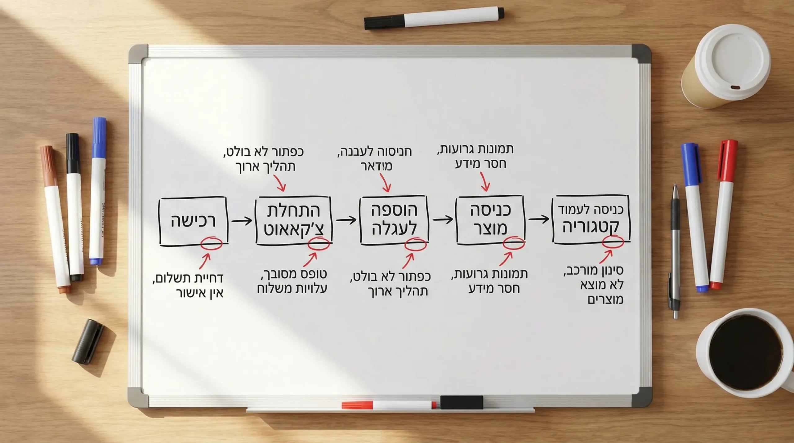 תרשים זרימה פשוט של משפך איקומרס: כניסה לעמוד קטגוריה, כניסה לעמוד מוצר, הוספה לעגלה, התחלת צ׳קאאוט, רכישה, עם סימון נקודות חיכוך נפוצות בכל שלב.