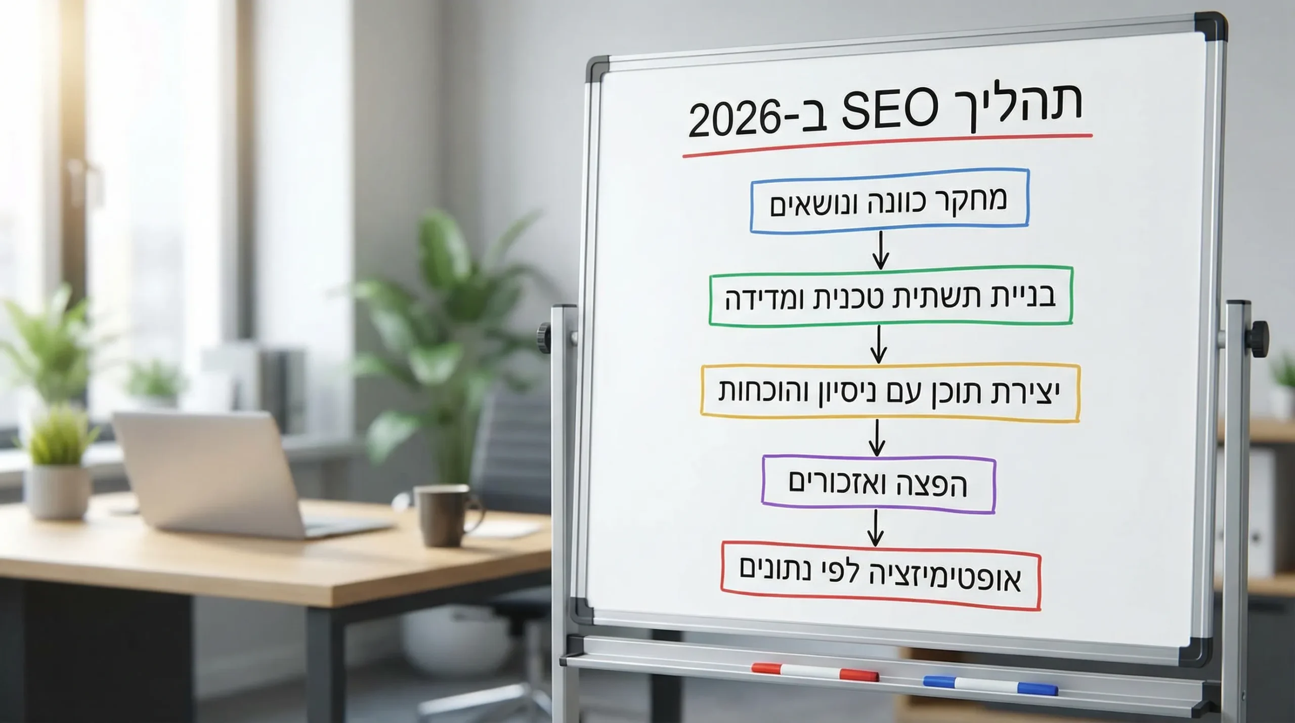 תרשים זרימה פשוט שמראה את תהליך SEO ב-2026: מחקר כוונה ונושאים, בניית תשתית טכנית ומדידה, יצירת תוכן עם ניסיון והוכחות, הפצה ואזכורים, אופטימיזציה לפי נתונים.