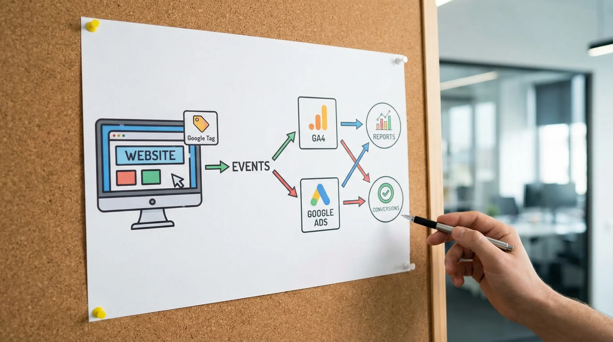 תרשים זרימה פשוט שמציג דפדפן באתר עם Google tag שמייצר אירועים, החצים ממשיכים אל GA4 ואל Google Ads, ובסוף מופיעות תובנות כמו דוחות והמרות.