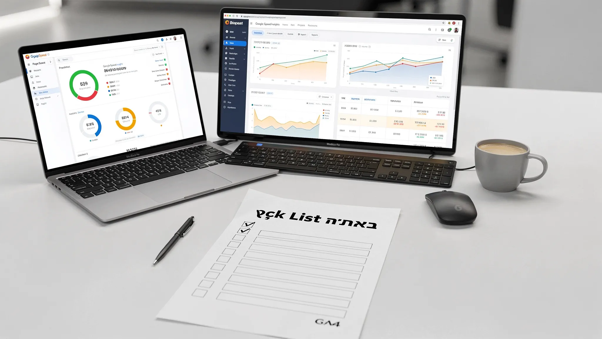 צילום שולחן עבודה עם צ׳ק-ליסט השקה מודפס, לצד מחשב נייד שמציג דוח PageSpeed Insights וחלון GA4, כדי להמחיש חיבור בין אתר, ביצועים ומדידה.