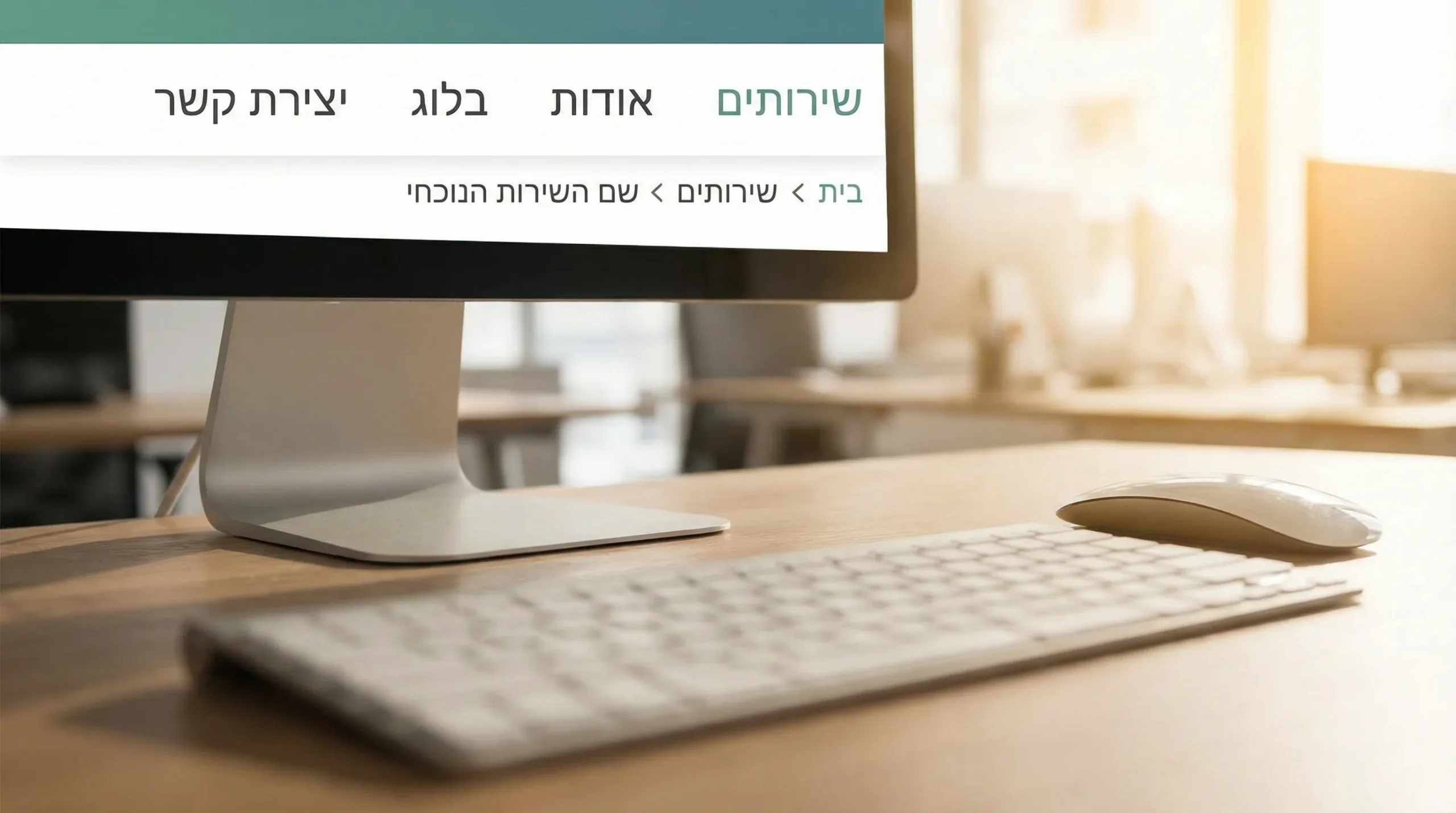 צילום או איור של כותרת אתר עם תפריט עליון פשוט (שירותים, אודות, בלוג, יצירת קשר) ומתחתיו breadcrumbs בעמוד שירות, כדי להמחיש ניווט ברור שמחזק חוויית משתמש ו-SEO.