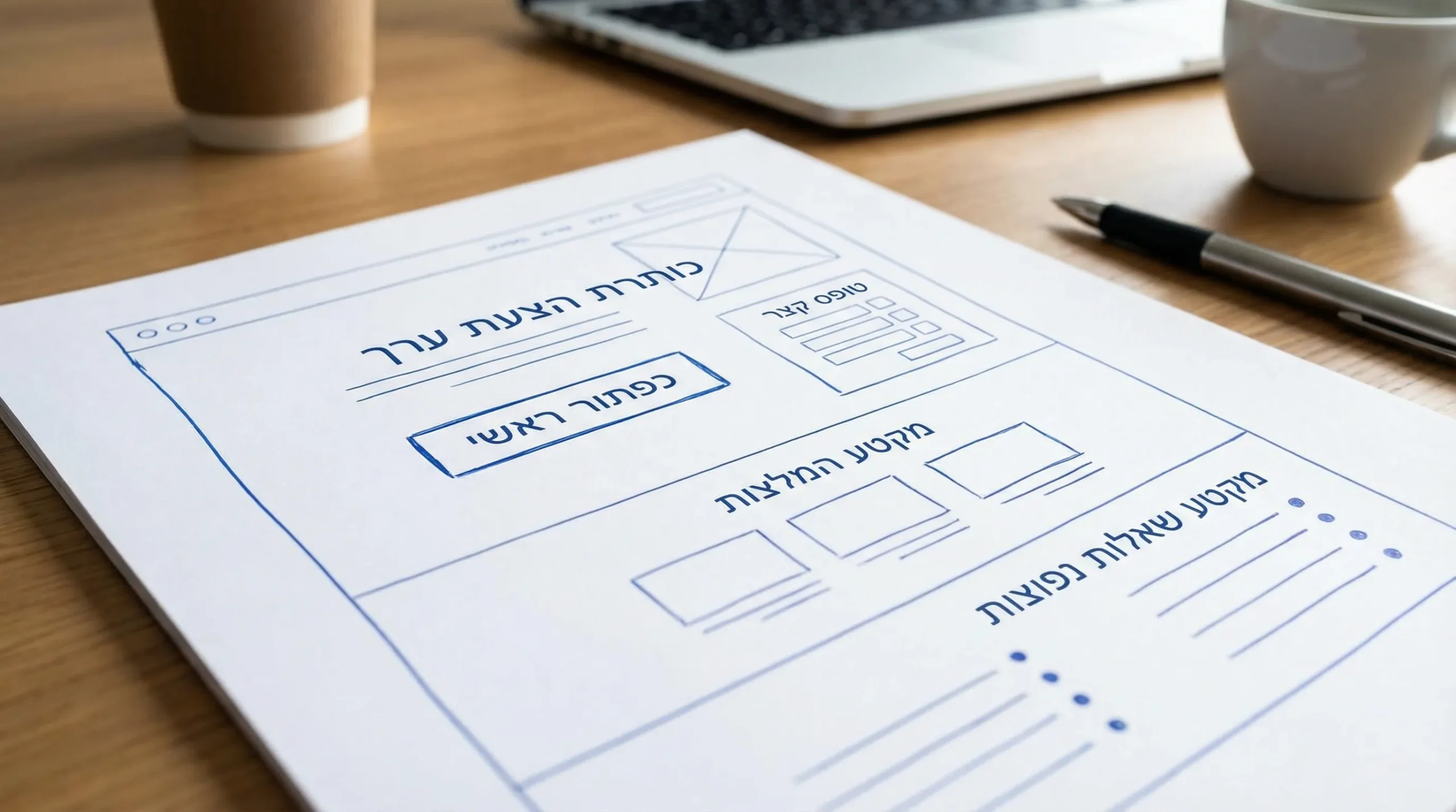 תצוגת wireframe של עמוד נחיתה ליצירת לידים עם כותרת הצעת ערך, כפתור ראשי, טופס קצר, מקטע המלצות ומקטע שאלות נפוצות (ללא תוכן טקסט אמיתי), מסודר בצורה נקייה וברורה.