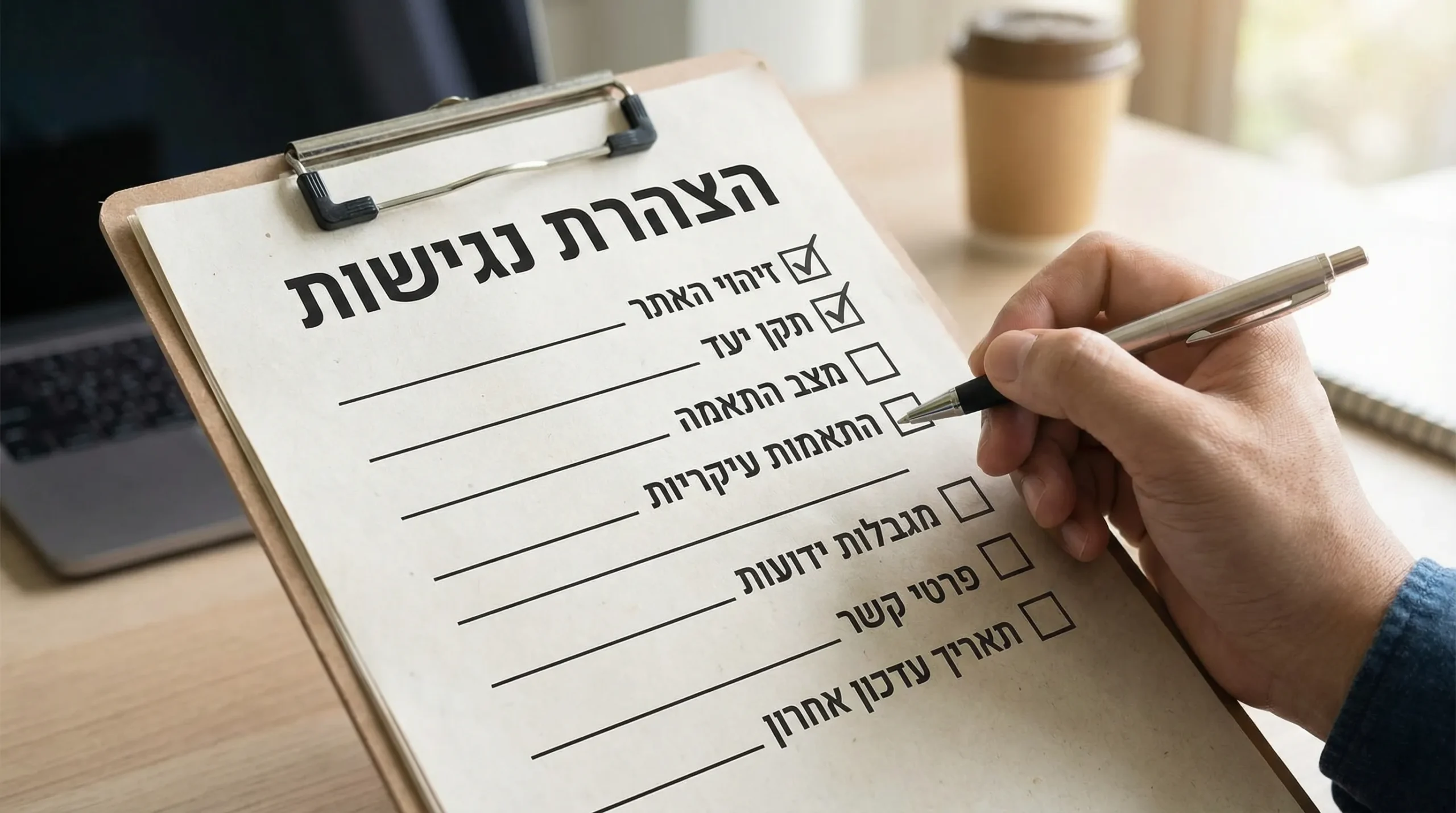 איור צ’ק ליסט פשוט להצהרת נגישות: זיהוי האתר, תקן יעד, מצב התאמה, התאמות עיקריות, מגבלות ידועות, פרטי קשר ותאריך עדכון אחרון.