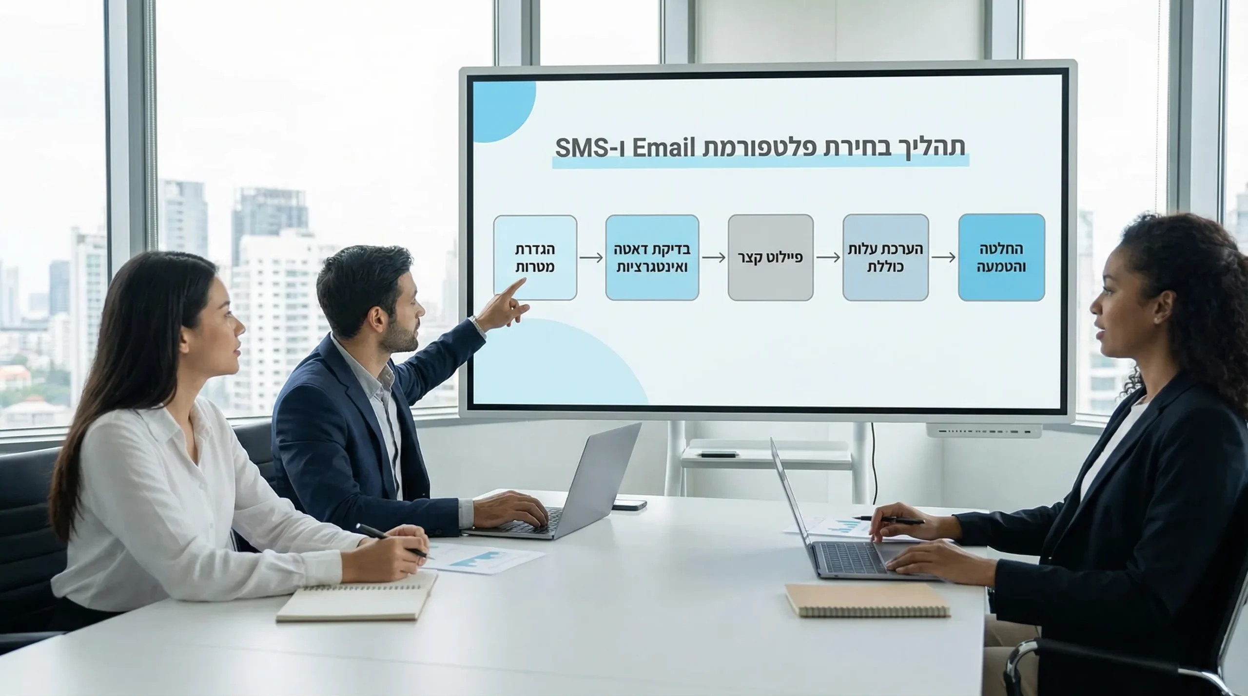 דיאגרמה פשוטה של תהליך בחירת פלטפורמת Email ו-SMS: הגדרת מטרות, בדיקת דאטה ואינטגרציות, פיילוט קצר, הערכת עלות כוללת, ואז החלטה והטמעה.