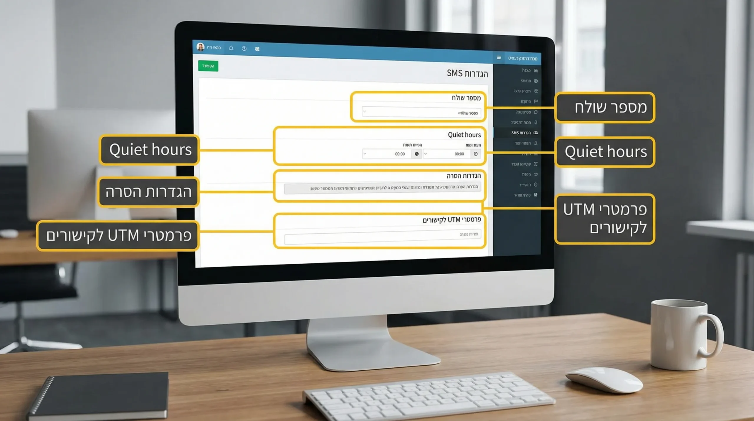 מסך הגדרות SMS במערכת שיווק עם אזורים מסומנים: מספר שולח, Quiet hours, הגדרות הסרה ופרמטרי UTM לקישורים.