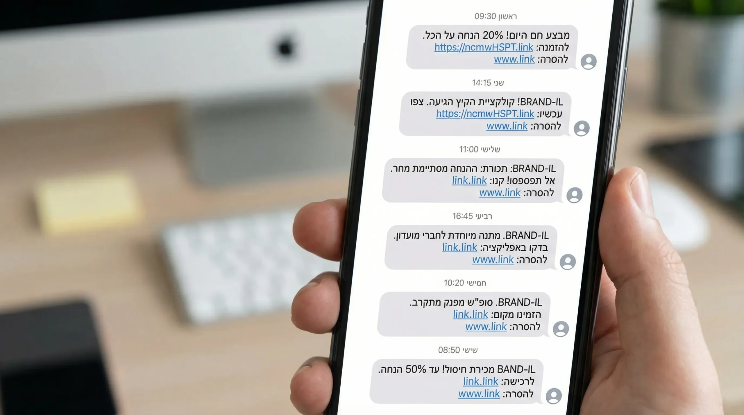 מסך טלפון שמציג רצף הודעות SMS שיווקיות בעברית לאורך שבוע, עם דגש על מסרים קצרים, CTA אחד בכל הודעה, וטקסט הסרה בסוף.
