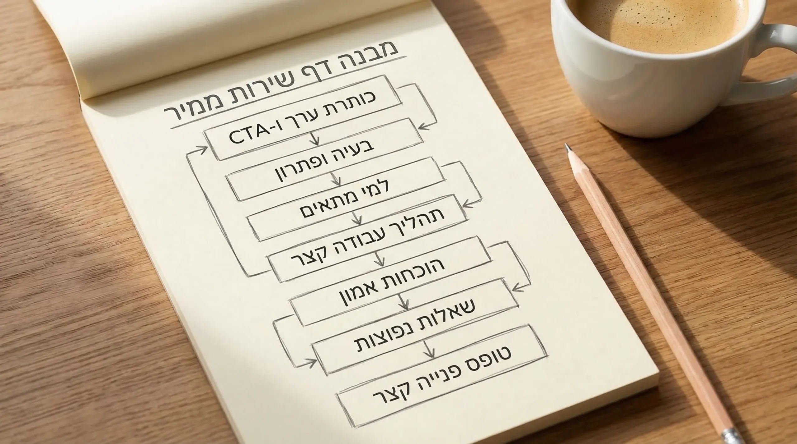 סקיצה של מבנה דף שירות ממיר: כותרת ערך ו-CTA, בעיה ופתרון, למי מתאים, תהליך עבודה קצר, הוכחות אמון, שאלות נפוצות, וטופס פנייה קצר בסוף.