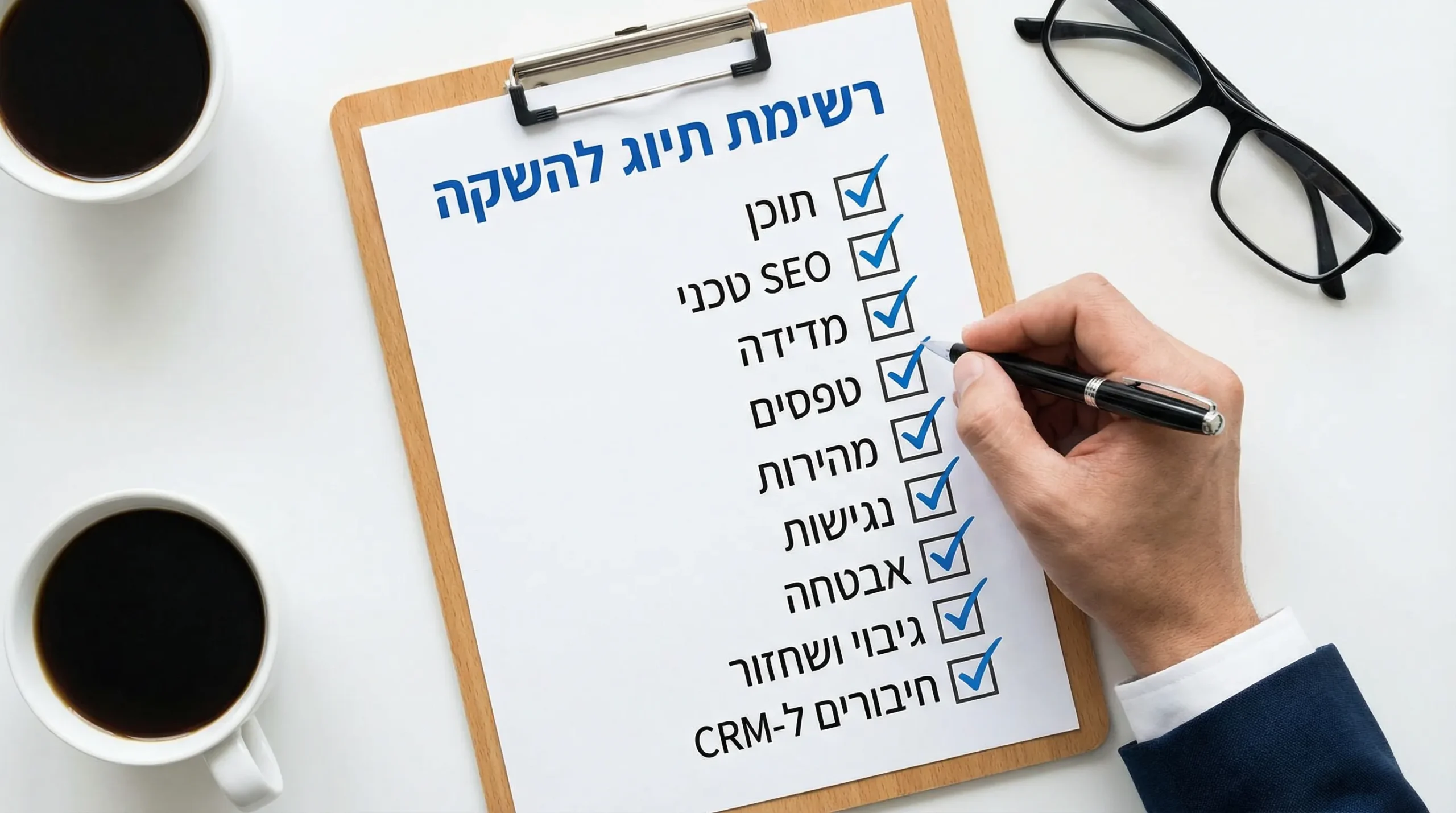 טבלת צ׳ק-ליסט להשקה עם סימוני וי בתחומים: תוכן, SEO טכני, מדידה, טפסים, מהירות, נגישות, אבטחה, גיבוי ושחזור, חיבורים ל-CRM.