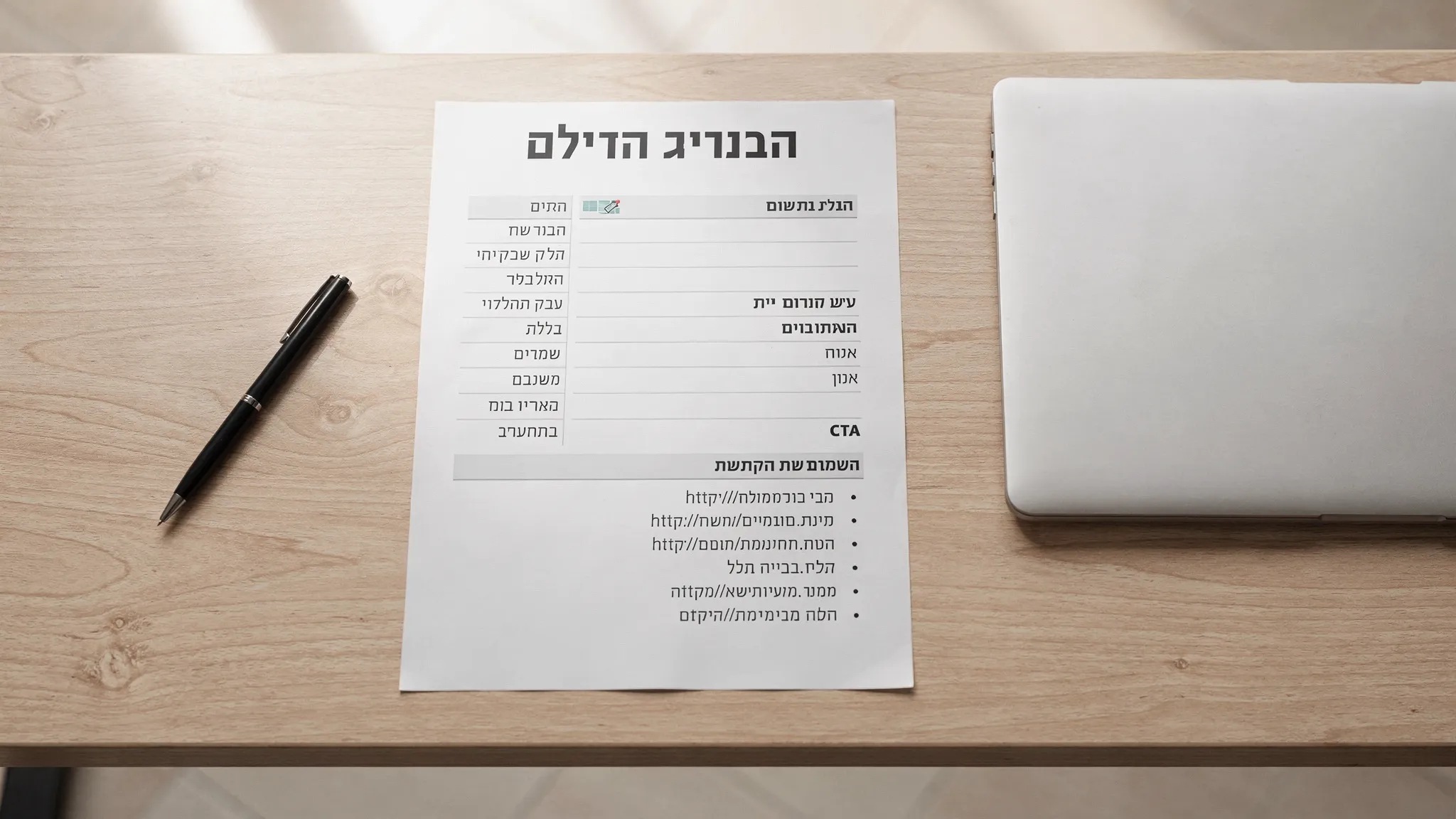 תמונה של דף בריף תוכן מודפס על שולחן עבודה: כותרת, שדות כמו קהל יעד, כוונת חיפוש, נקודות חובה, CTA, ורשימת קישורים פנימיים, לידו עט ומחשב נייד סגור.