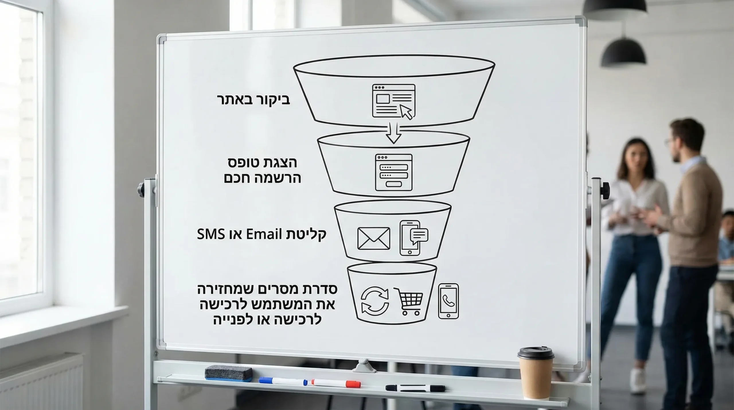 תרשים משפך פשוט בארבעה שלבים: ביקור באתר, הצגת טופס הרשמה חכם, קליטת Email או SMS, סדרת מסרים שמחזירה את המשתמש לרכישה או לפנייה.