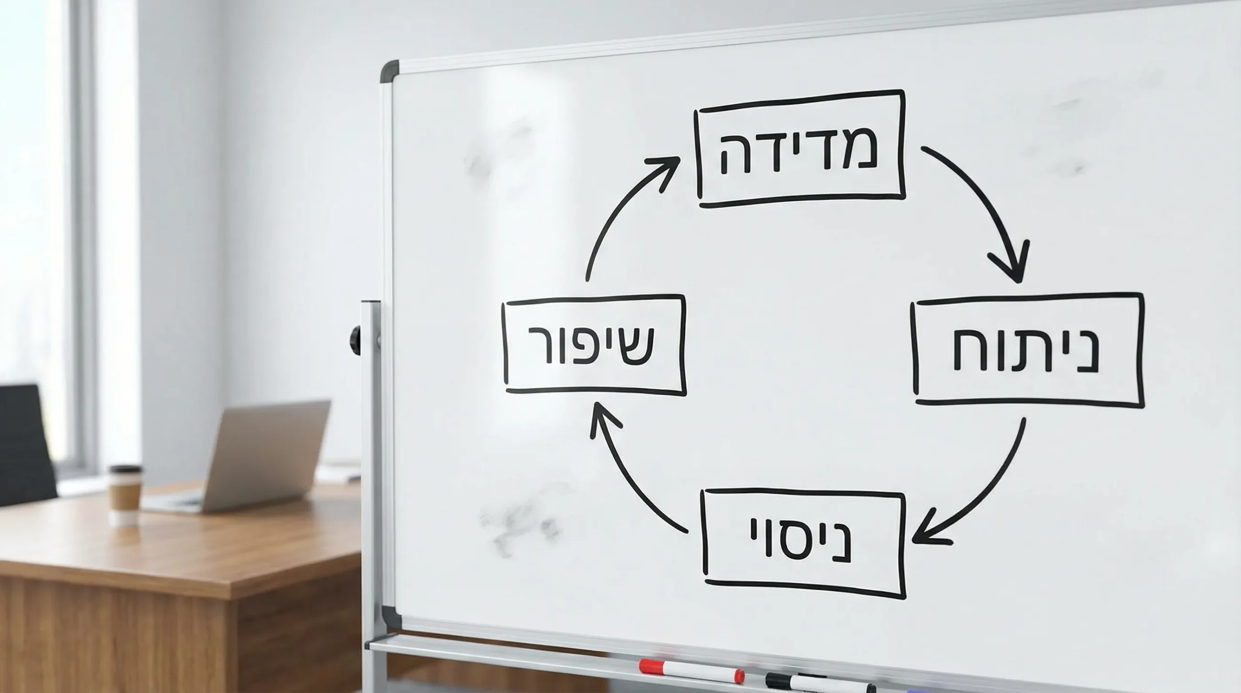 תרשים פשוט של לולאת שיפור אתר: מדידה, ניתוח, ניסוי, שיפור, וחזרה למדידה, עם 4 שלבים ברורים בעברית.