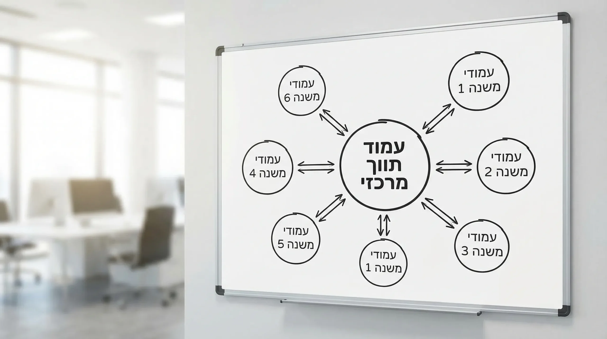 תרשים פשוט של מפת תוכן לאתר: עמוד תווך מרכזי באמצע, ממנו יוצאים 6 עמודי משנה, וחיצים שמראים קישורים פנימיים דו-כיווניים בין התווך לעמודי המשנה.