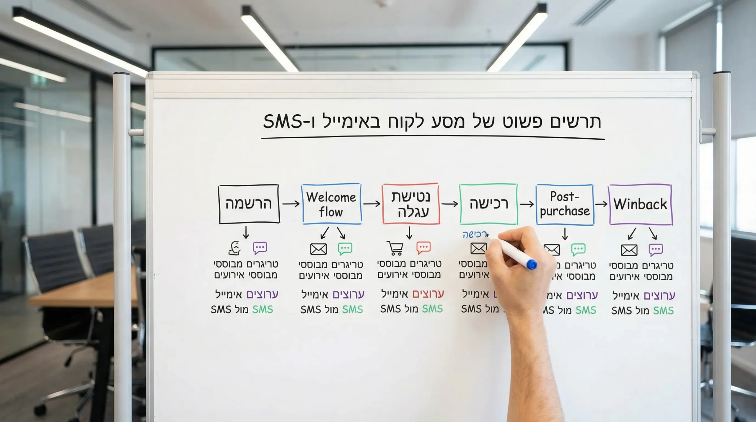 תרשים פשוט של מסע לקוח באימייל ו-SMS: הרשמה, Welcome flow, נטישת עגלה, רכישה, Post-purchase, Winback. בכל שלב מוצגים טריגרים מבוססי אירועים וערוצים אימייל מול SMS.