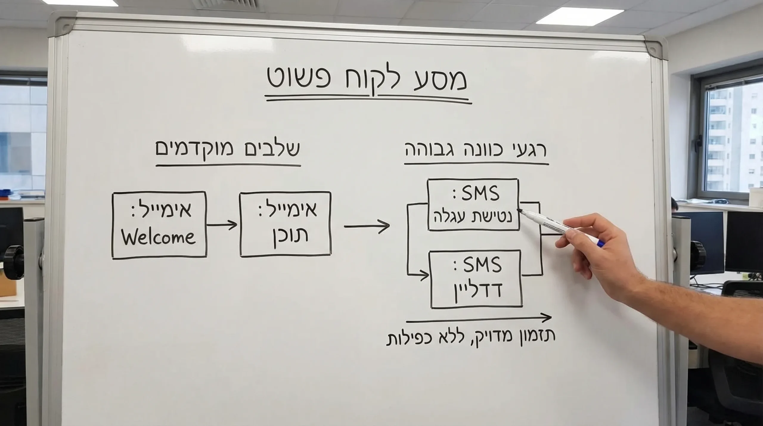 תרשים פשוט של מסע לקוח עם נקודות מגע: אימייל בשלבים מוקדמים (Welcome, תוכן), ו-SMS רק ברגעי כוונה גבוהה (נטישת עגלה, דדליין), עם חצים שמראים תזמון ולא כפילות.