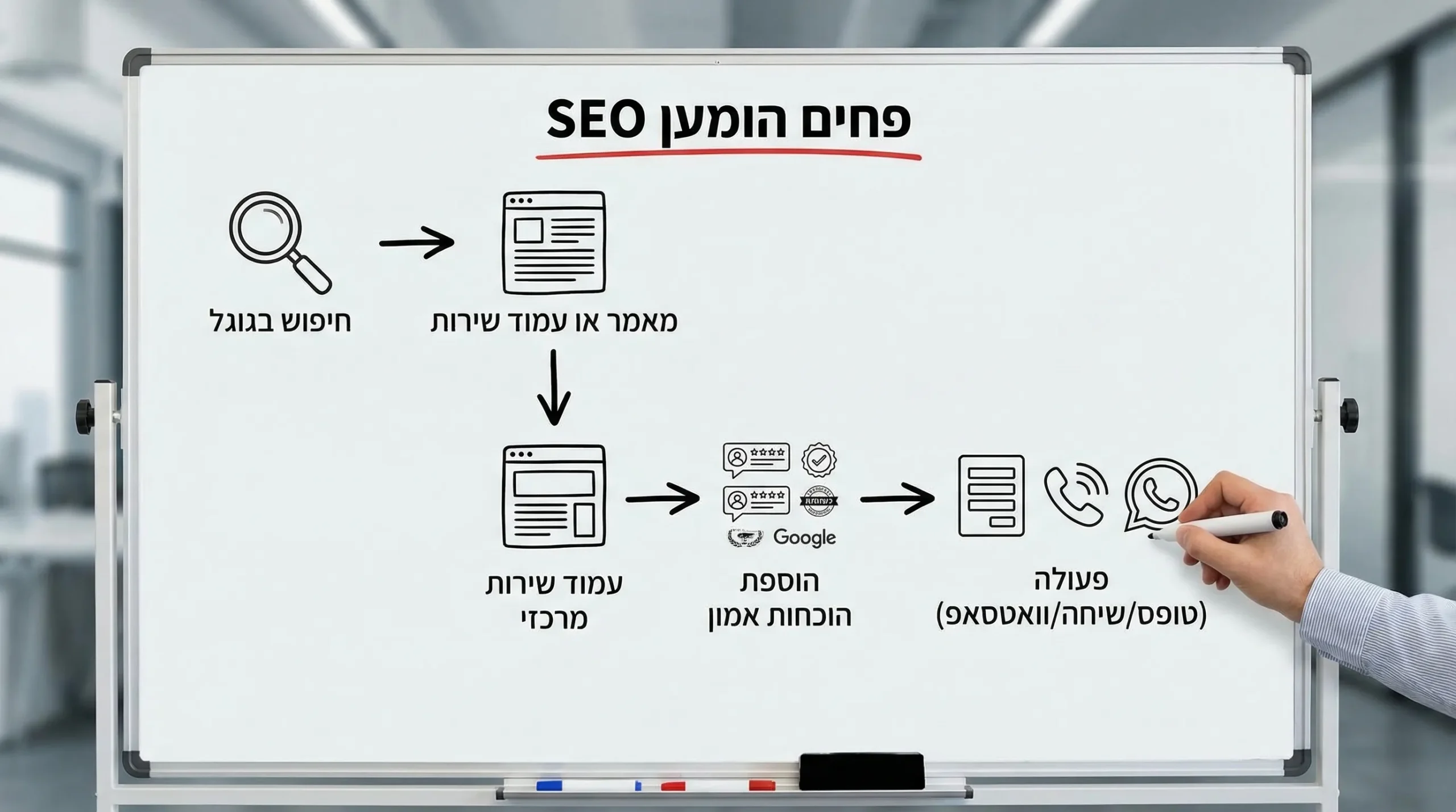 תרשים פשוט של משפך לידים מ-SEO: חיפוש בגוגל מוביל למאמר או עמוד שירות, ממנו מעבר לעמוד שירות מרכזי, הוספת הוכחות אמון, ואז פעולה (טופס/שיחה/וואטסאפ).