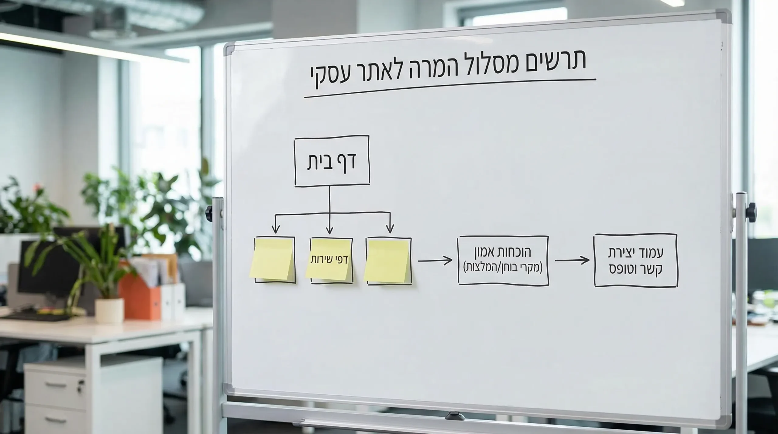 תרשים פשוט של מסלול פנייה באתר עסקי: דף בית מוביל לדפי שירות, דף שירות מוביל להוכחות אמון (מקרי בוחן/המלצות), ומשם לעמוד יצירת קשר וטופס.