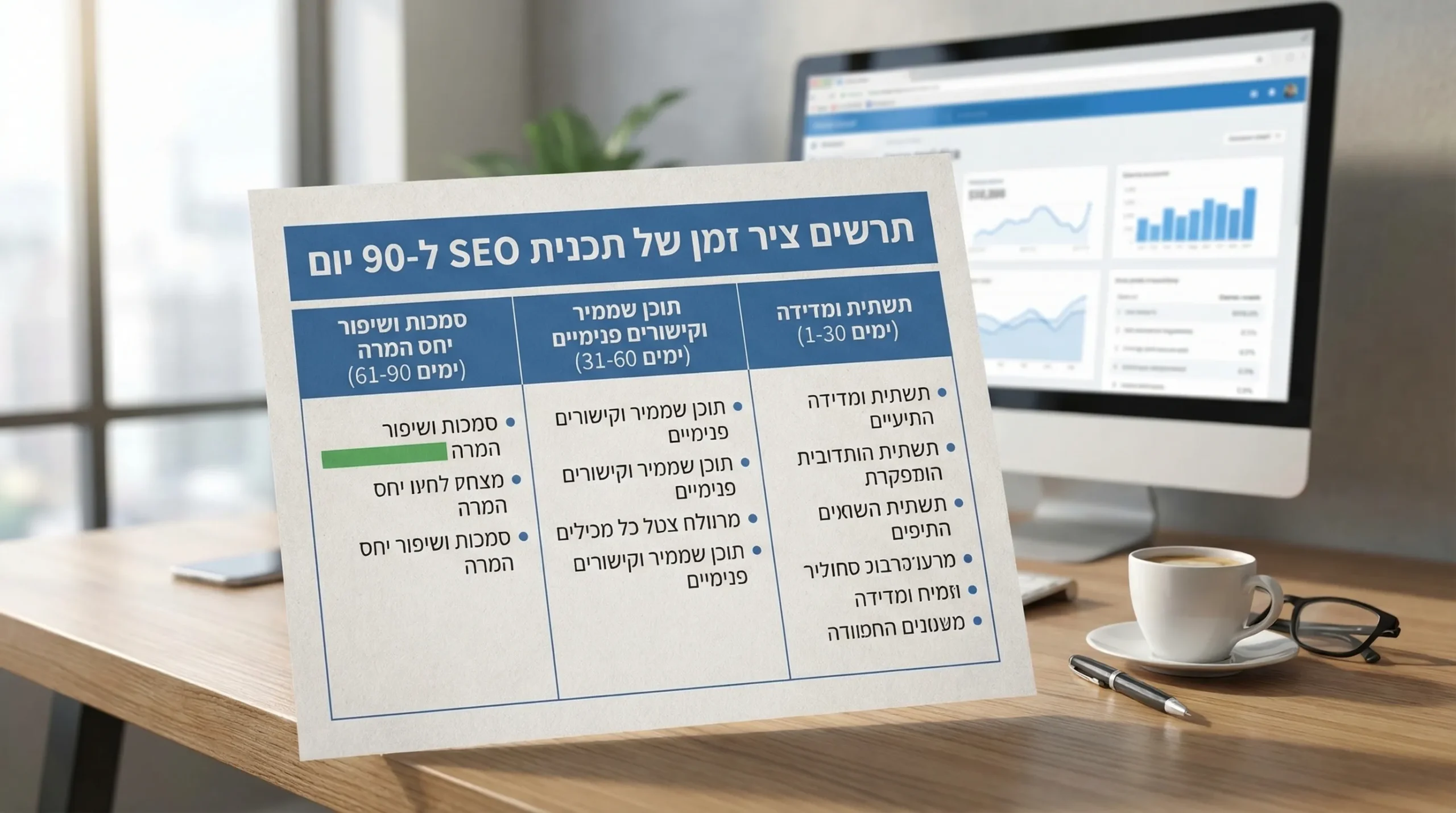 תרשים ציר זמן של תכנית SEO ל-90 יום בשלושה שלבים: תשתית ומדידה (ימים 1-30), תוכן שממיר וקישורים פנימיים (ימים 31-60), סמכות ושיפור יחס המרה (ימים 61-90).