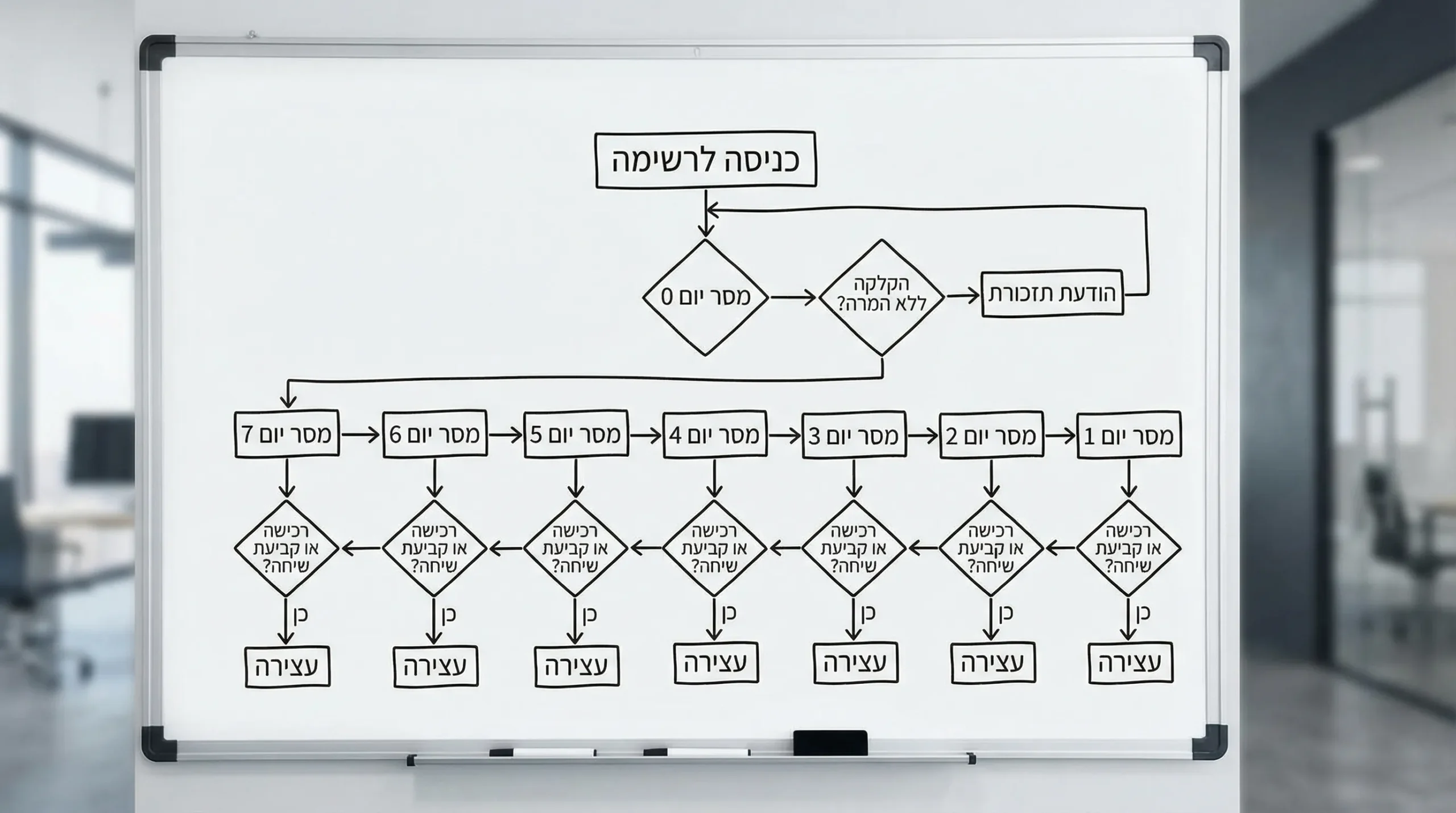 תרשים זרימה פשוט של SMS drip ל-7 ימים: כניסה לרשימה, מסרים יום 0 עד יום 7, תנאי עצירה ברכישה או קביעת שיחה, והסתעפות להודעת תזכורת אם הייתה הקלקה ללא המרה.