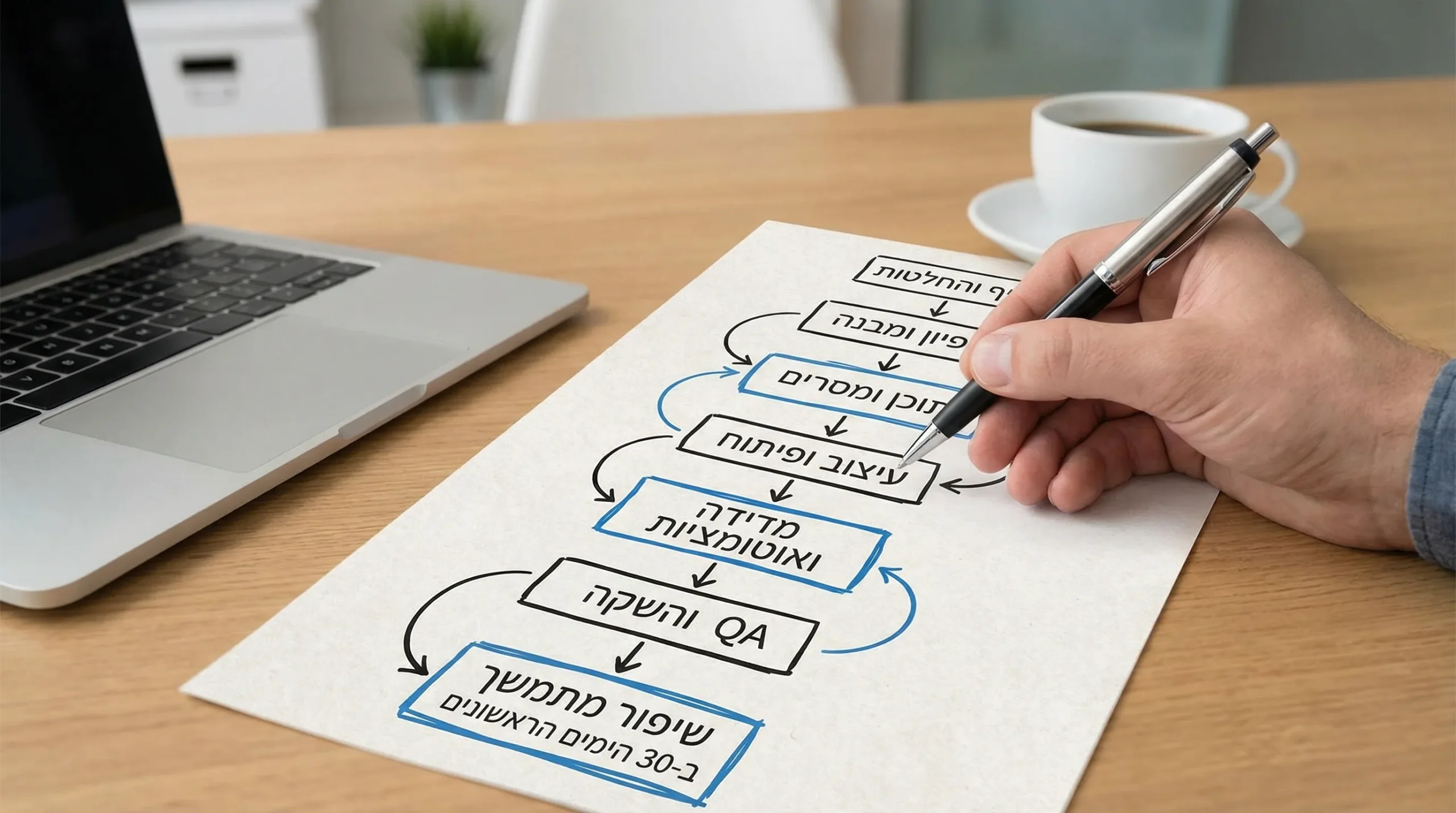 תרשים זרימה פשוט של תהליך הקמת אתר: בריף והחלטות, אפיון ומבנה, תוכן ומסרים, עיצוב ופיתוח, מדידה ואוטומציות, QA והשקה, ואז שיפור מתמשך ב-30 הימים הראשונים.