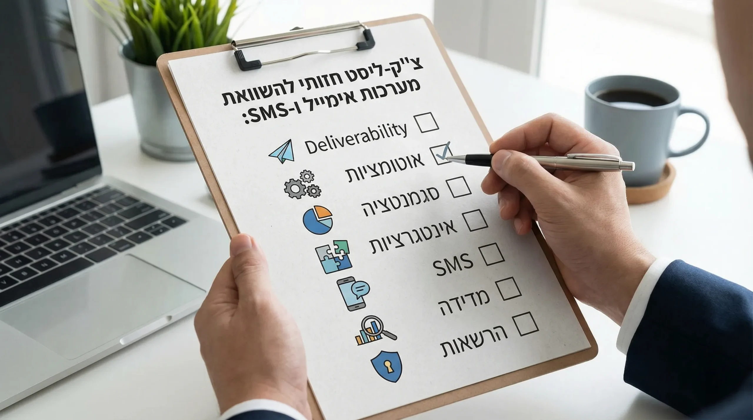 צ׳ק-ליסט חזותי להשוואת מערכות אימייל ו-SMS: Deliverability, אוטומציות, סגמנטציה, אינטגרציות, SMS, מדידה, הרשאות. ליד כל סעיף אייקון פשוט ותיבת סימון.