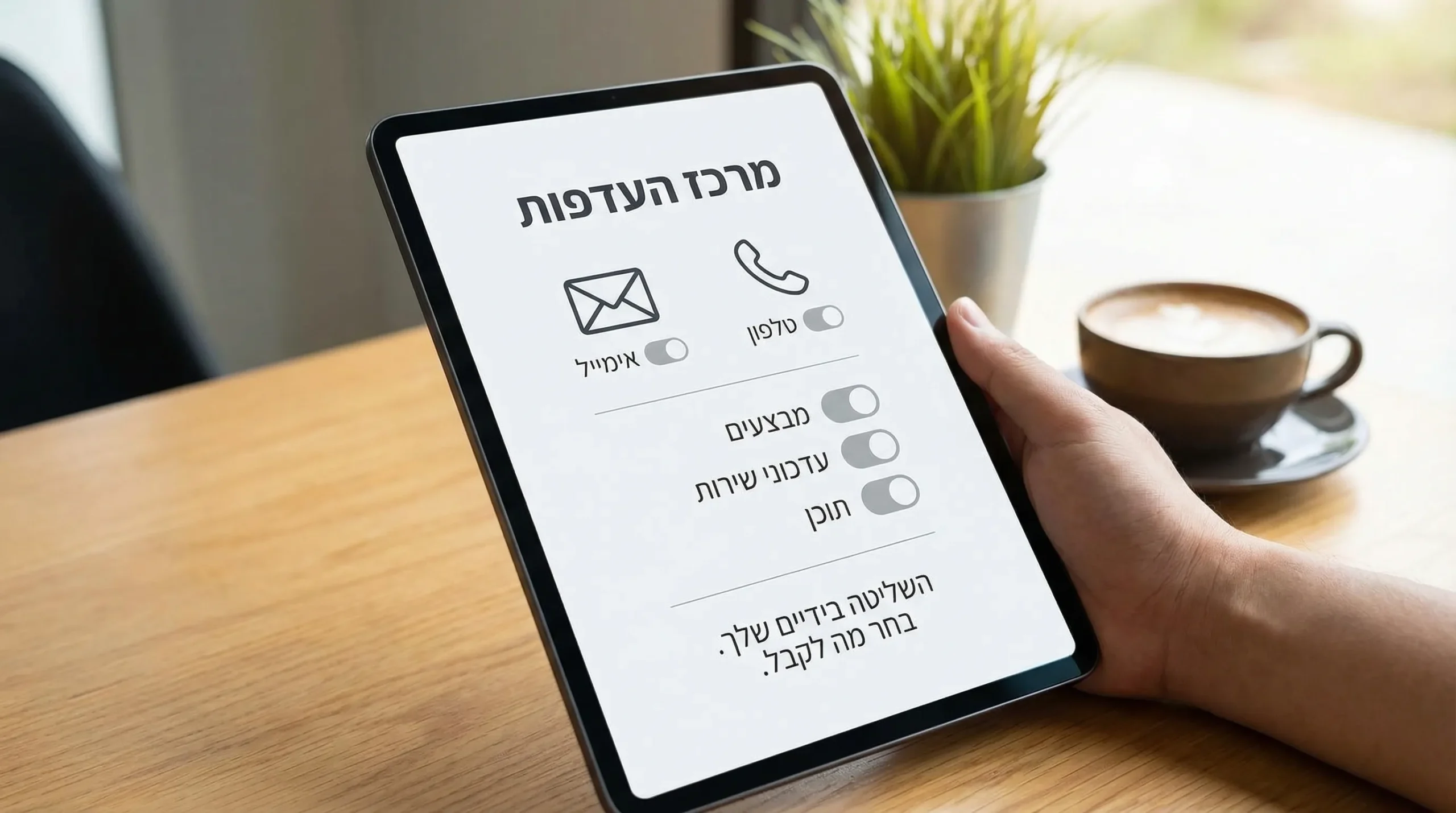 אילוסטרציה של “מרכז העדפות” פשוט: אייקונים של אימייל וטלפון, מתגים לבחירת סוגי תוכן (מבצעים, עדכוני שירות, תוכן), וטקסט קצר שמדגיש שליטה של המשתמש.