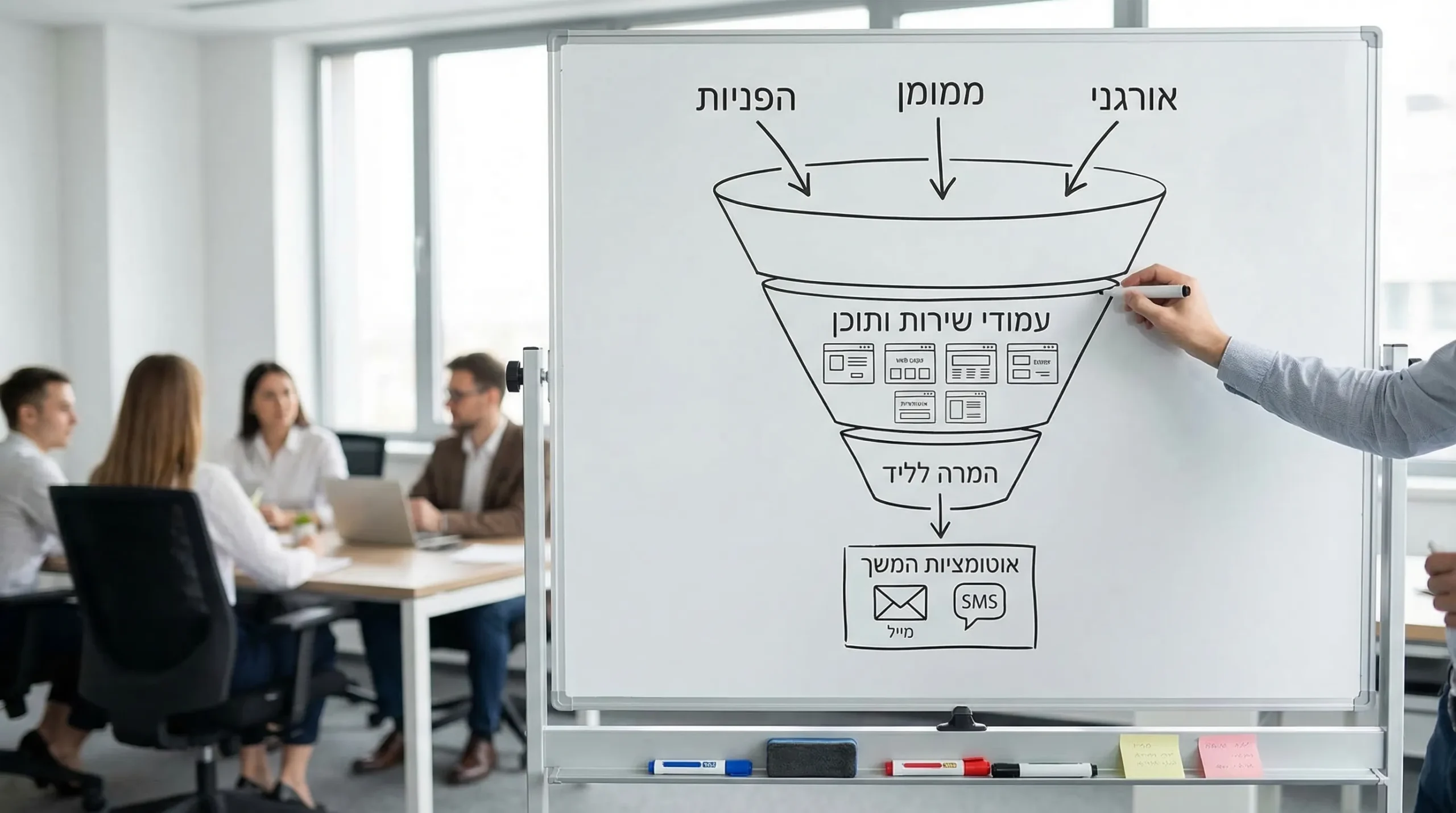 איור של משפך שיווק לאתר: בראשו ערוצים (אורגני, ממומן, הפניות), באמצע עמודי שירות ותוכן, ובתחתית המרה לליד ואוטומציות המשך כמו מייל ו-SMS.
