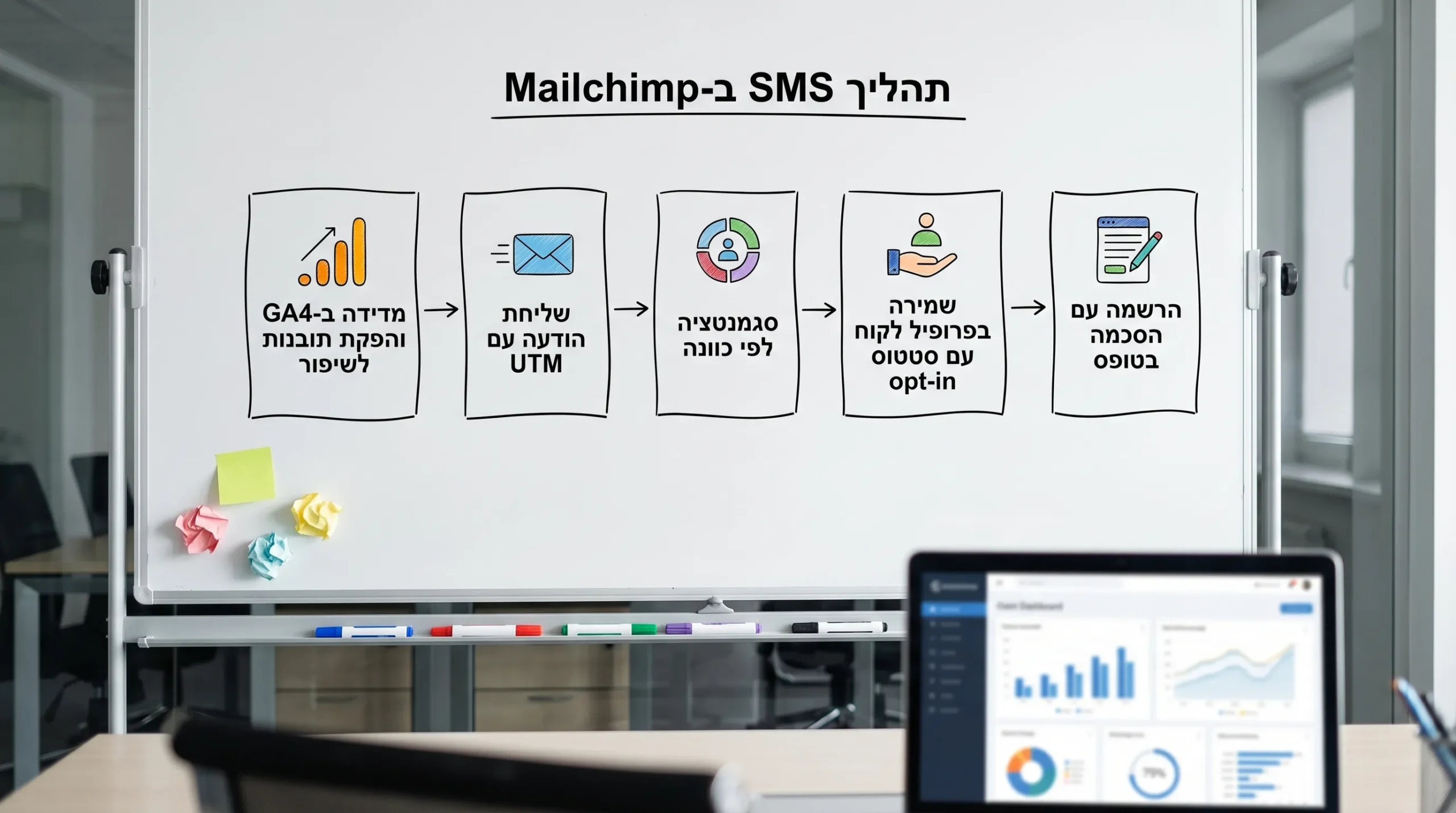דיאגרמה פשוטה של תהליך SMS ב-Mailchimp: הרשמה עם הסכמה בטופס, שמירה בפרופיל לקוח עם סטטוס opt-in, סגמנטציה לפי כוונה, שליחת הודעה עם UTM, מדידה ב-GA4 והפקת תובנות לשיפור.