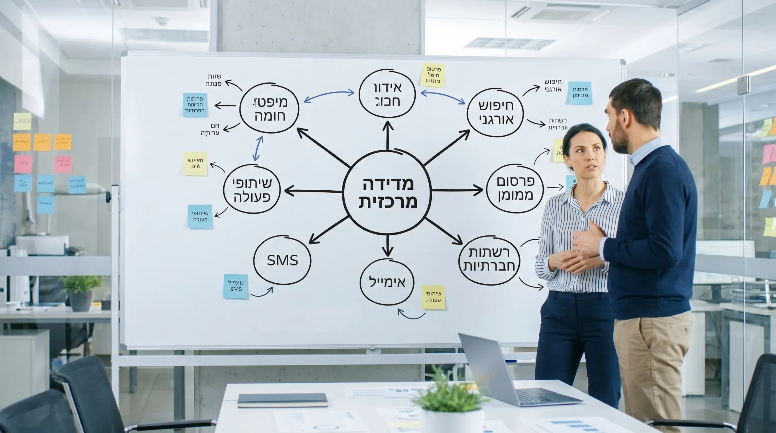 מפת ערוצי פרסום לאתר שמציגה חיפוש אורגני, פרסום ממומן, רשתות חברתיות, אימייל, SMS, שיתופי פעולה ומדידה מרכזית שמחברת בין כל הערוצים.