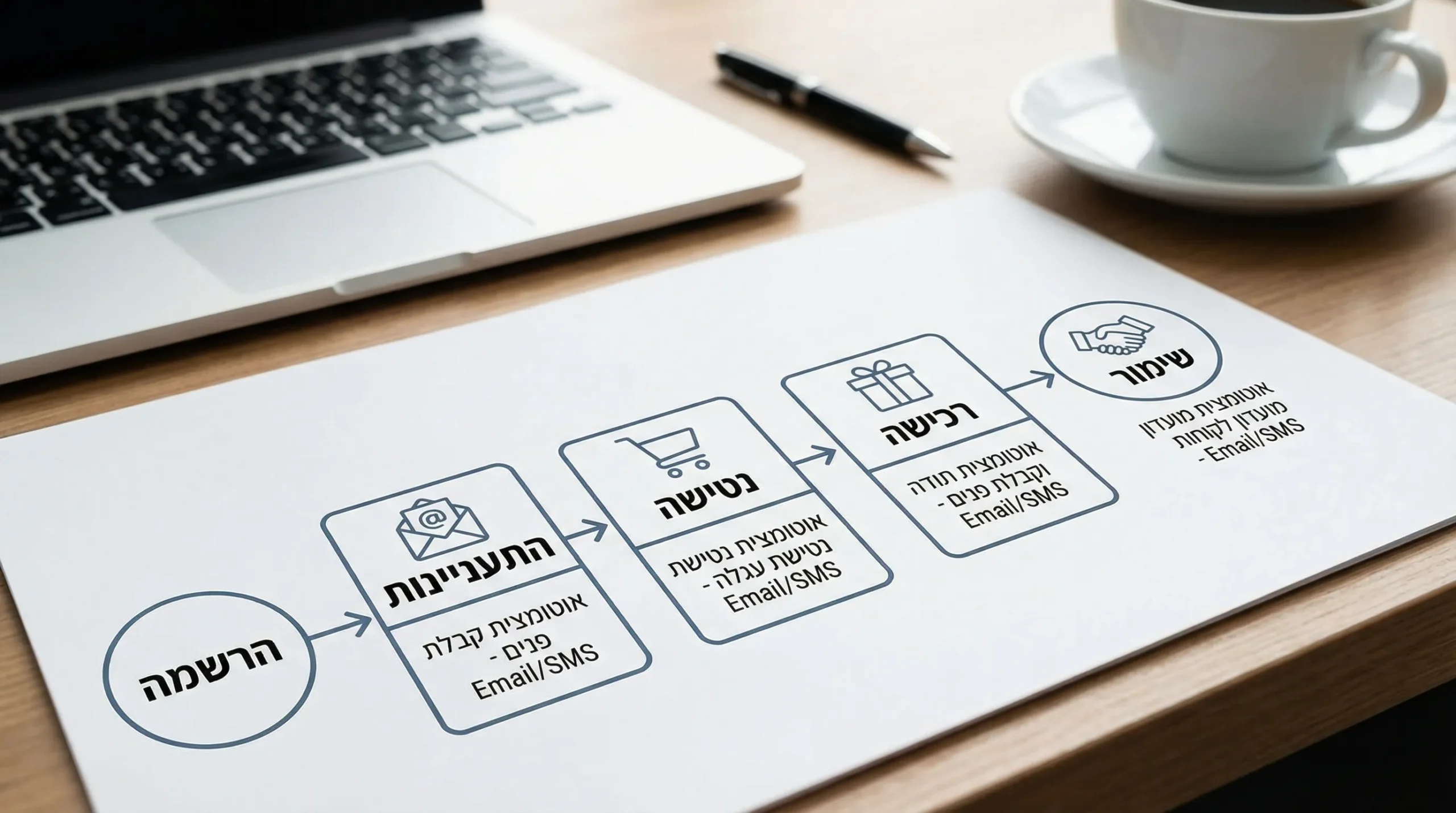 תרשים פשוט של מסע לקוח עם 5 שלבים: הרשמה, התעניינות, נטישה, רכישה, שימור. ליד כל שלב מופיעות אוטומציות Email ו-SMS המתאימות, עם חיצים שמראים מעבר בין השלבים.