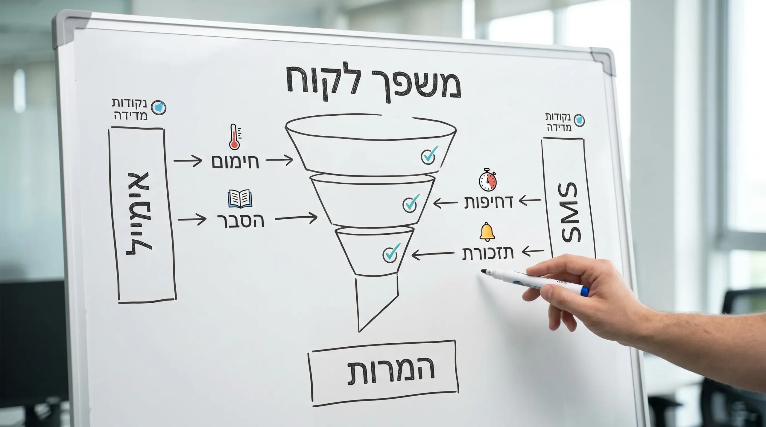 תרשים פשוט של משפך לקוח עם שני ערוצים: אימייל בשלבים של חימום והסבר, ו-SMS בנקודות של דחיפות ותזכורת, כולל נקודות מדידה לאורך הדרך.