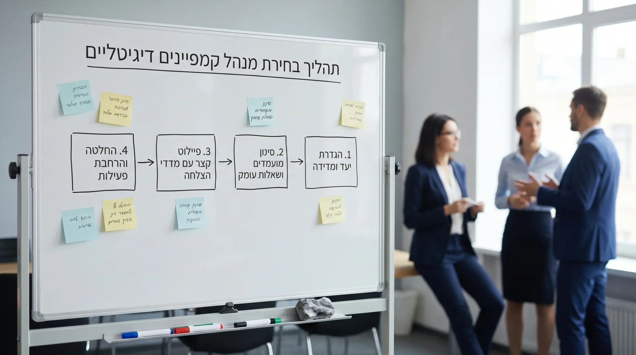 תרשים פשוט של תהליך בחירת מנהל קמפיינים דיגיטליים בארבעה שלבים: הגדרת יעד ומדידה, סינון מועמדים ושאלות עומק, פיילוט קצר עם מדדי הצלחה, החלטה והרחבת פעילות.