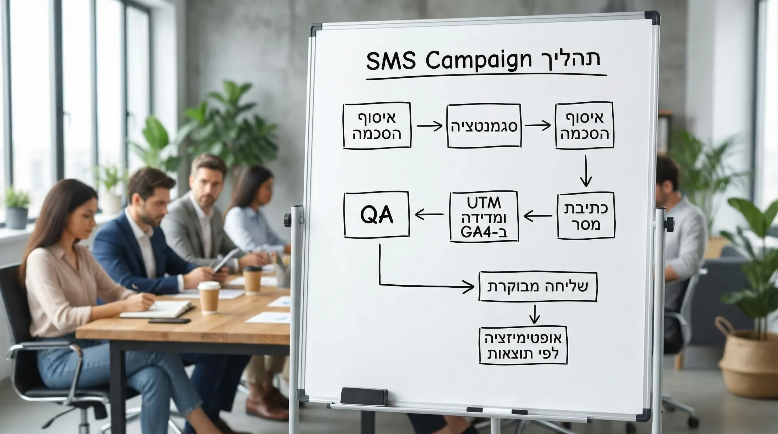 תרשים פשוט של תהליך SMS Campaign: איסוף הסכמה, סגמנטציה, כתיבת מסר, UTM ומדידה ב-GA4, QA, שליחה מבוקרת, אופטימיזציה לפי תוצאות.