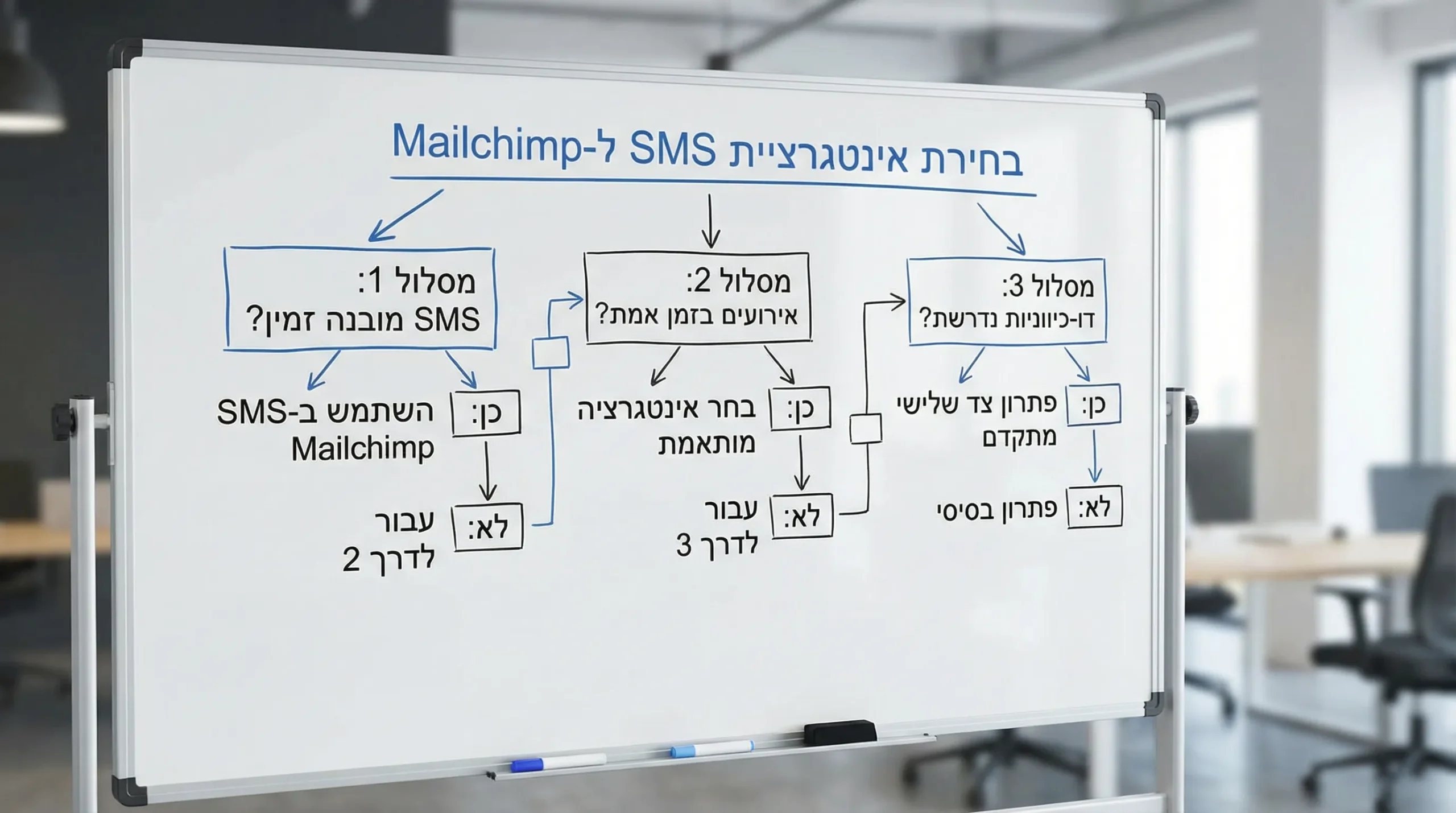 תרשים זרימה פשוט לבחירת אינטגרציית SMS ל-Mailchimp לפי זמינות SMS מובנה, צורך באירועים בזמן אמת, וצורך בדו-כיווניות. שלושה מסלולים עיקריים מוצגים עם נקודות החלטה קצרות.