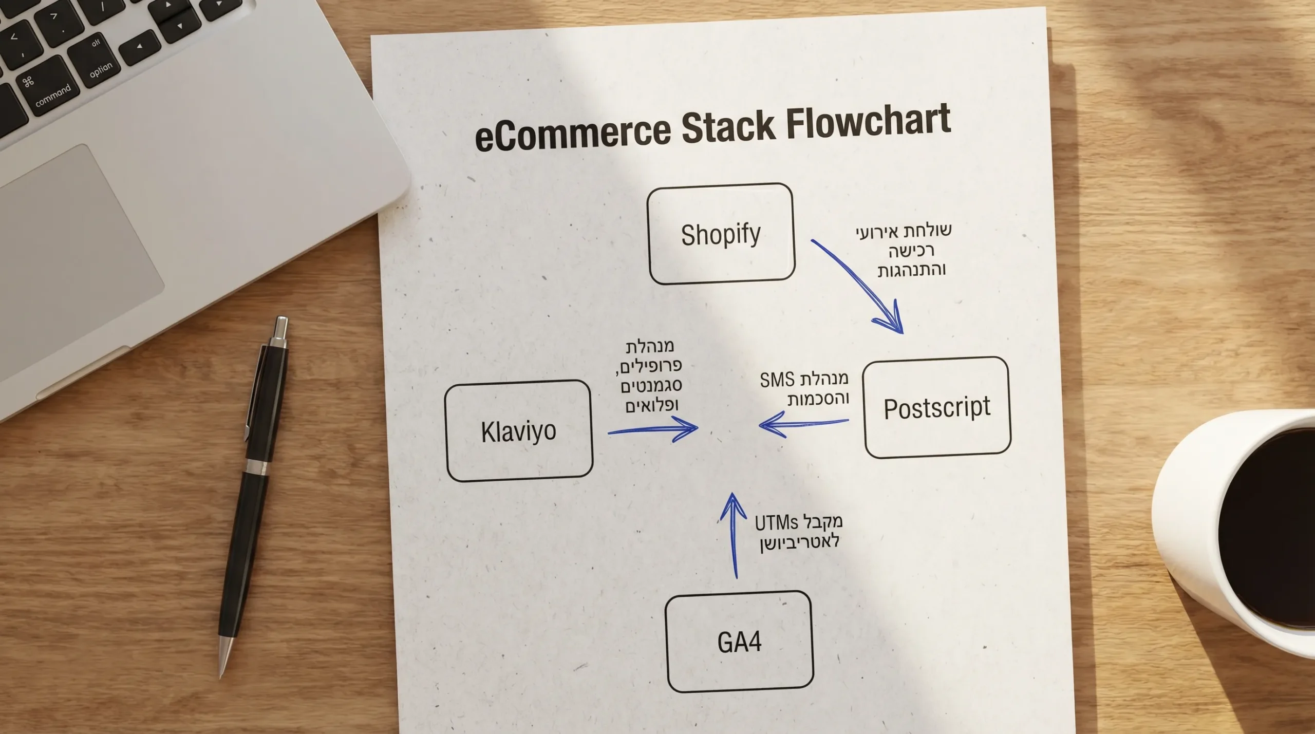 תרשים זרימה פשוט של סטאק eCommerce: Shopify שולחת אירועי רכישה והתנהגות, Postscript מנהלת SMS והסכמות, Klaviyo מנהלת פרופילים, סגמנטים ופלואים, ו-GA4 מקבל UTMs לאטריביושן. ארבעה מלבנים עם חצים ברורים ביניהם.