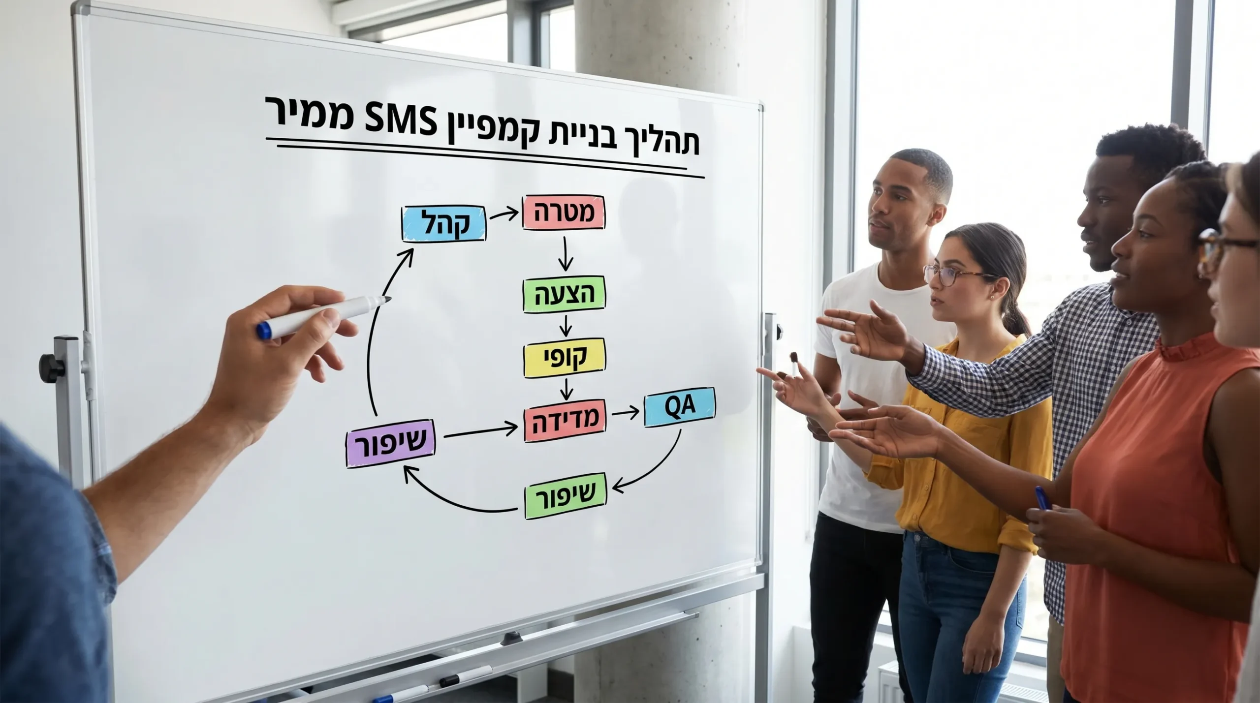 תרשים זרימה פשוט של תהליך בניית קמפיין SMS ממיר: מטרה, קהל, הצעה, קופי, מדידה, QA, שיפור.