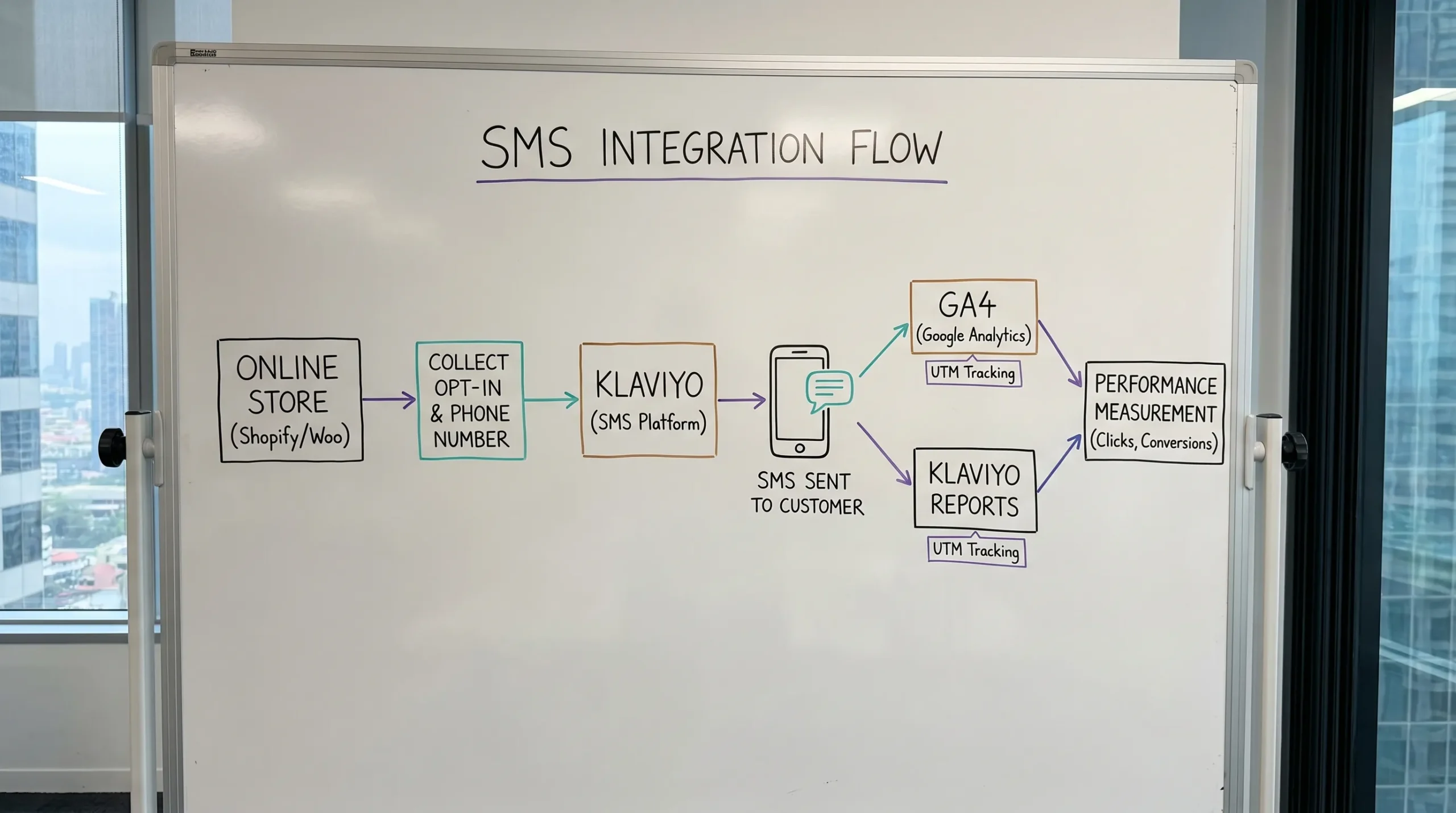 תרשים זרימה פשוט של אינטגרציית SMS: אתר או חנות אונליין אוספים הסכמה ומספר טלפון, הנתונים נכנסים ל-Klaviyo, הודעת SMS נשלחת ללקוח, והקליקים וההמרות נמדדים ב-GA4 ובדוחות Klaviyo עם UTM עקבי.