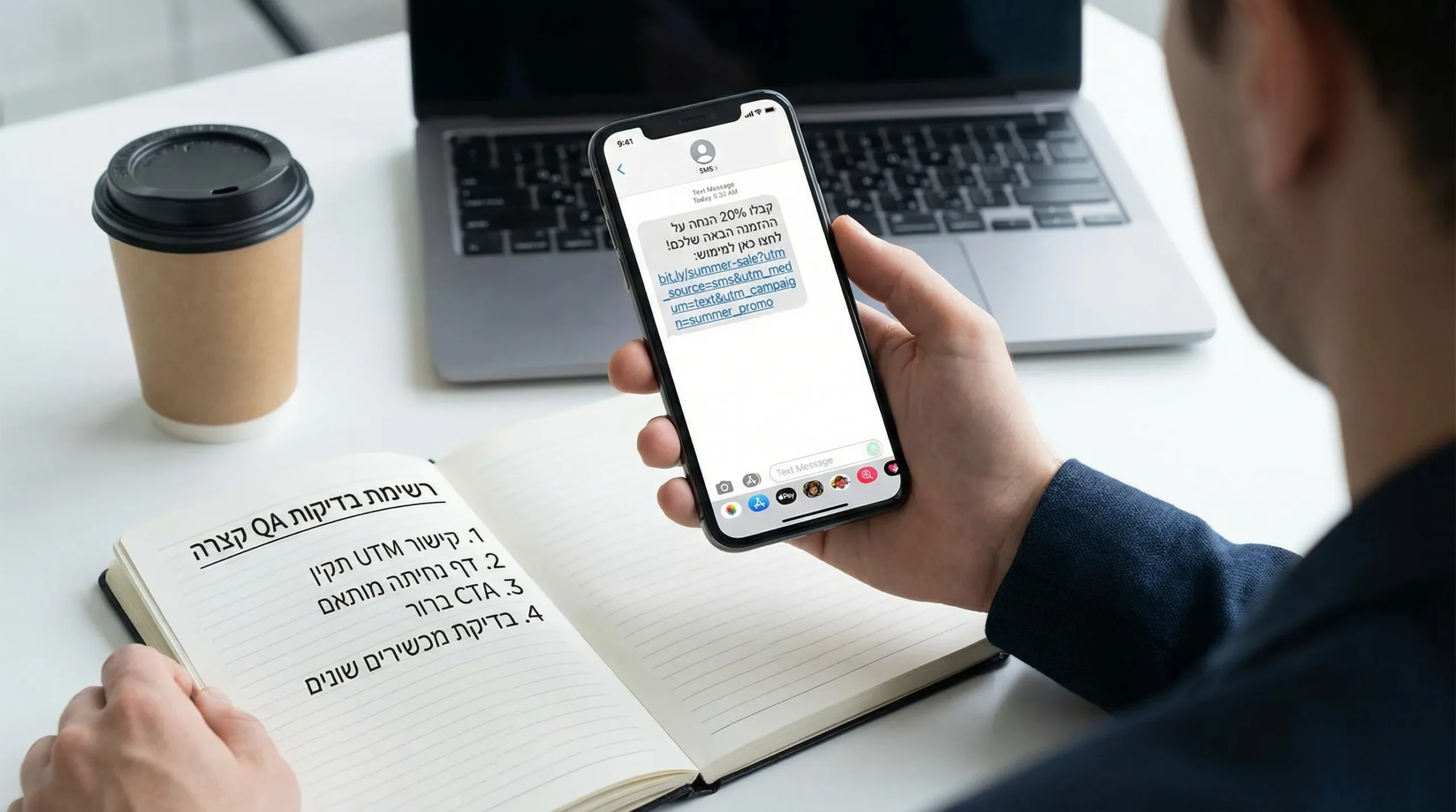 תצוגת דוגמה של הודעת SMS קצרה עם CTA אחד ולינק מתויג UTM שמוביל לדף נחיתה מותאם מובייל, לצד רשימת בדיקות QA קצרה.