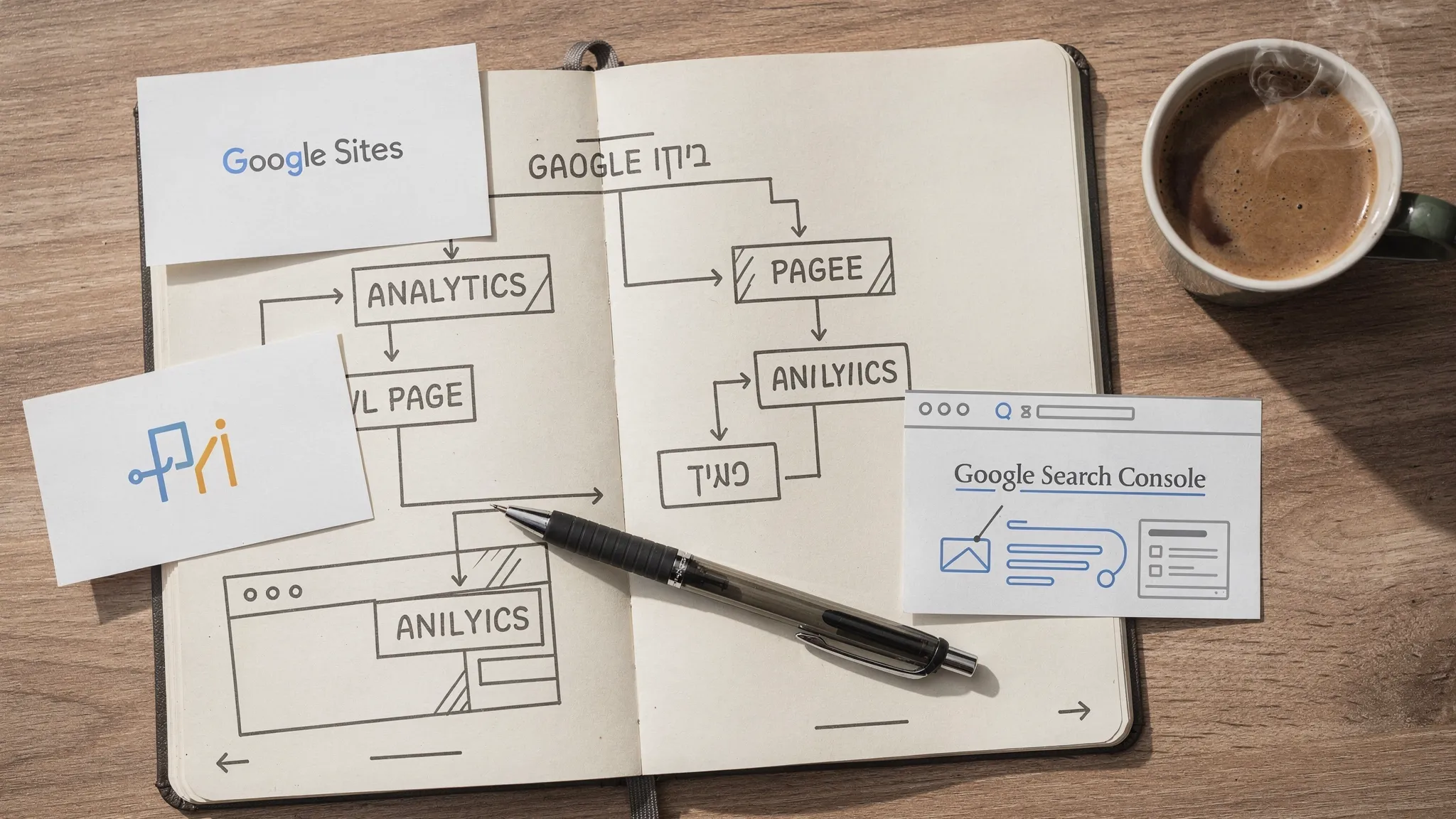 מחברת פתוחה עם מפת אתר פשוטה, כרטיסיות של Google Sites, Analytics ו-Search Console מונחות סביב, לצד עט וכוס קפה, המסמלת תכנון אתר באמצעות כלי גוגל.
