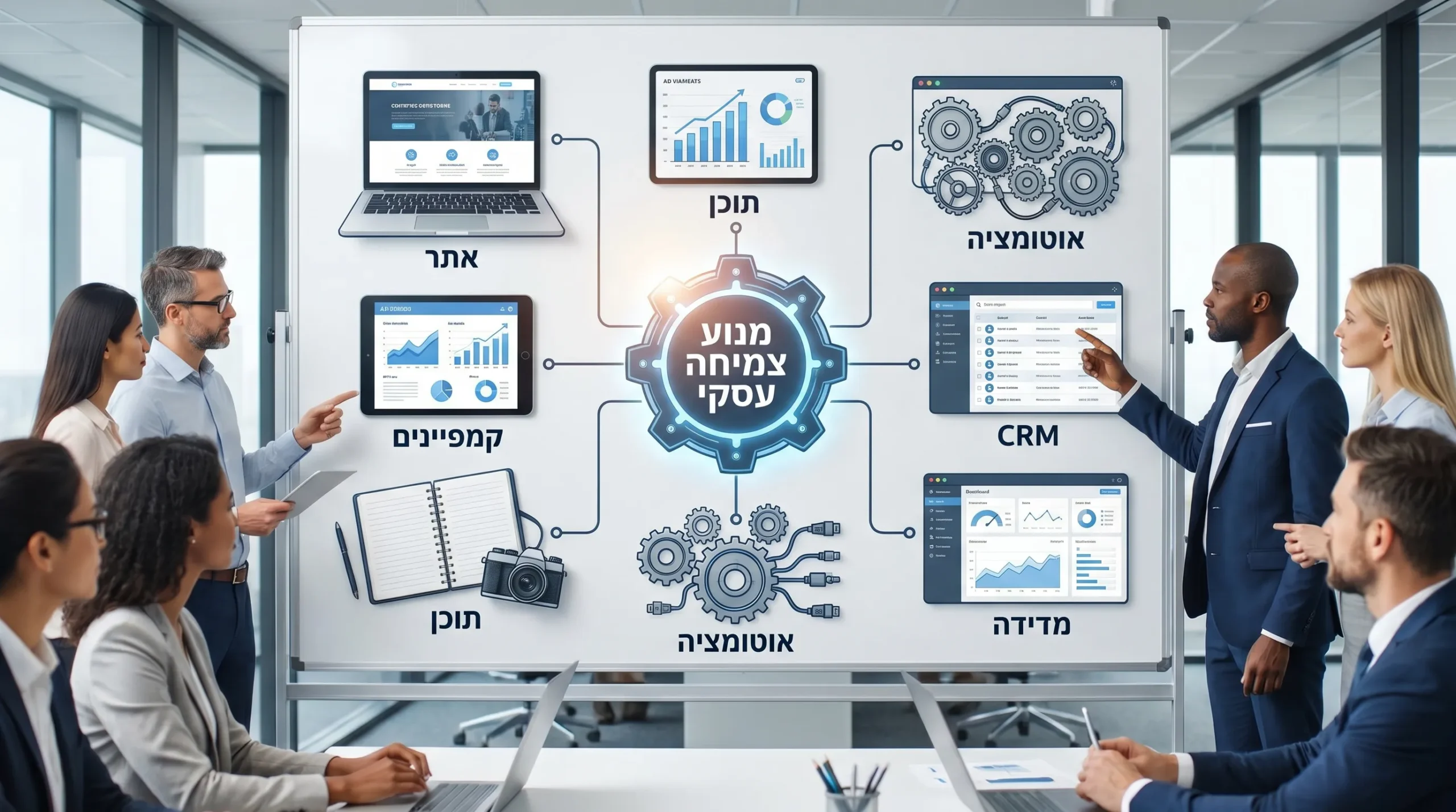 מערכת שיווק עסקית שבה אתר, קמפיינים, תוכן, אוטומציה, CRM ומדידה מחוברים למנוע צמיחה מרכזי אחד.